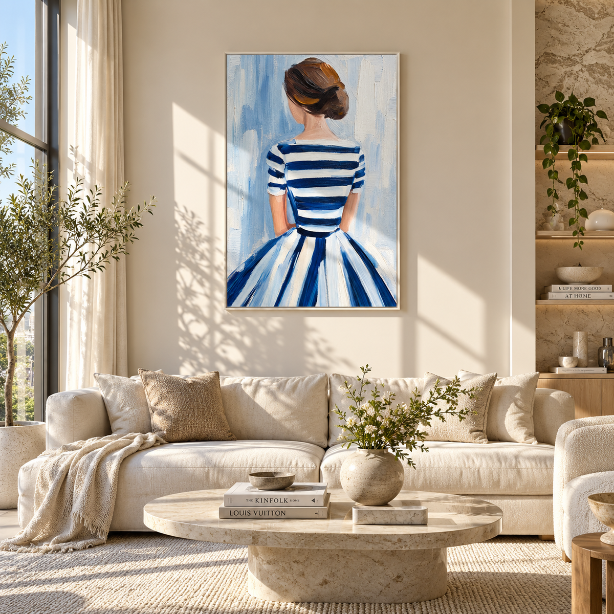 Blue Stripes Face Morning – back facing striped dress woman, Retro Modern vertical wall art - displayed in a quiet reading corner