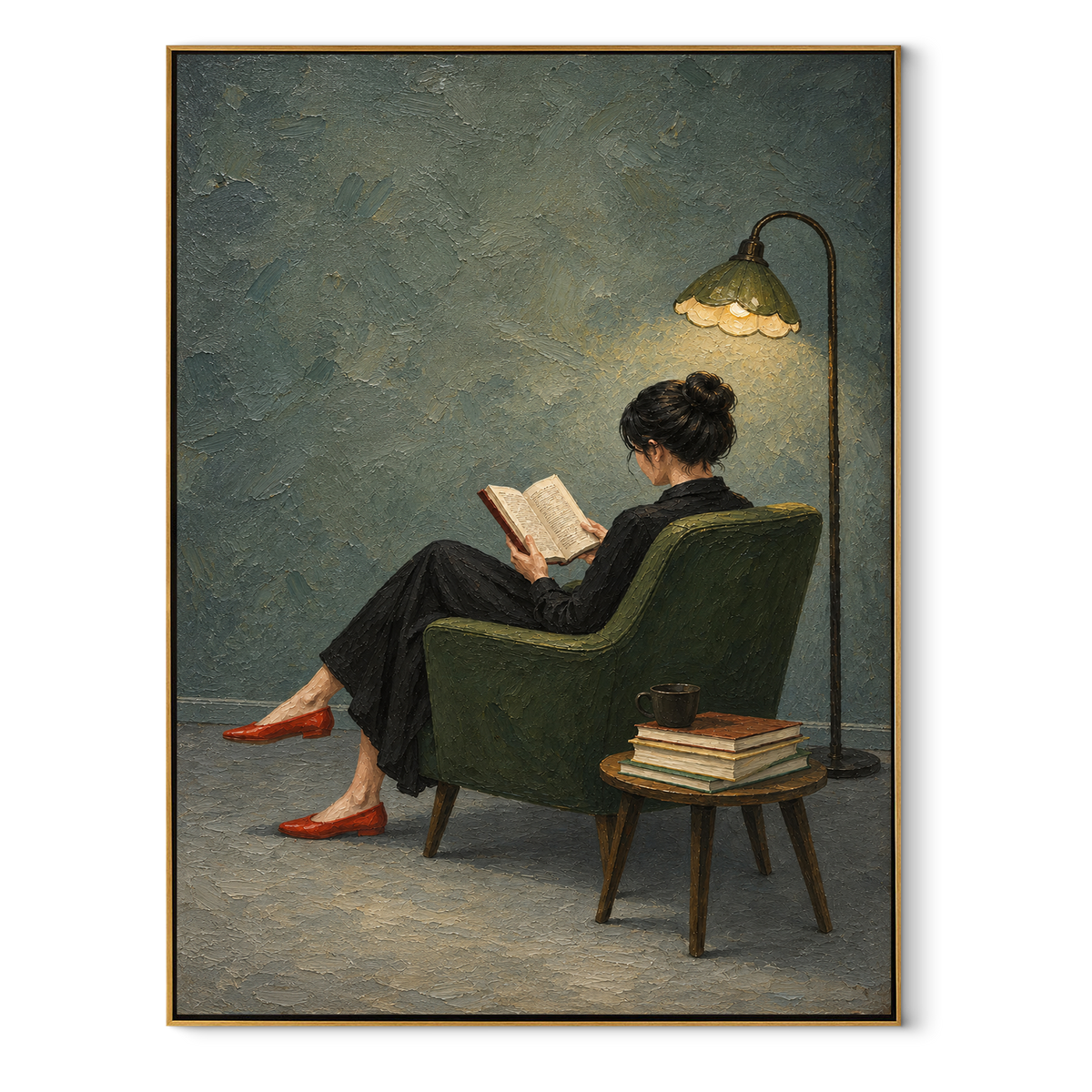 Lamplight Finds Red Heels – woman reading under floor lamp, Retro Modern vertical wall art - wood frame on white background