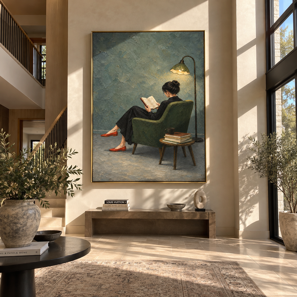 Lamplight Finds Red Heels – woman reading under floor lamp, Retro Modern vertical wall art - displayed through an entryway