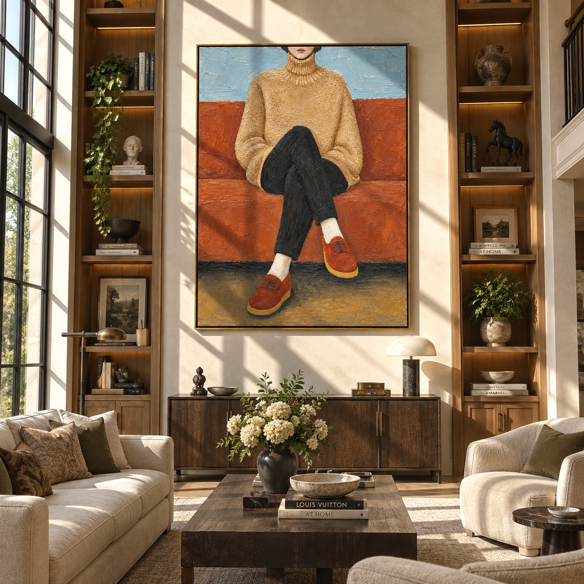 Rust Shoes Cross Quiet – seated woman in tan sweater, Retro Modern vertical wall art - displayed beside a bedroom dresser