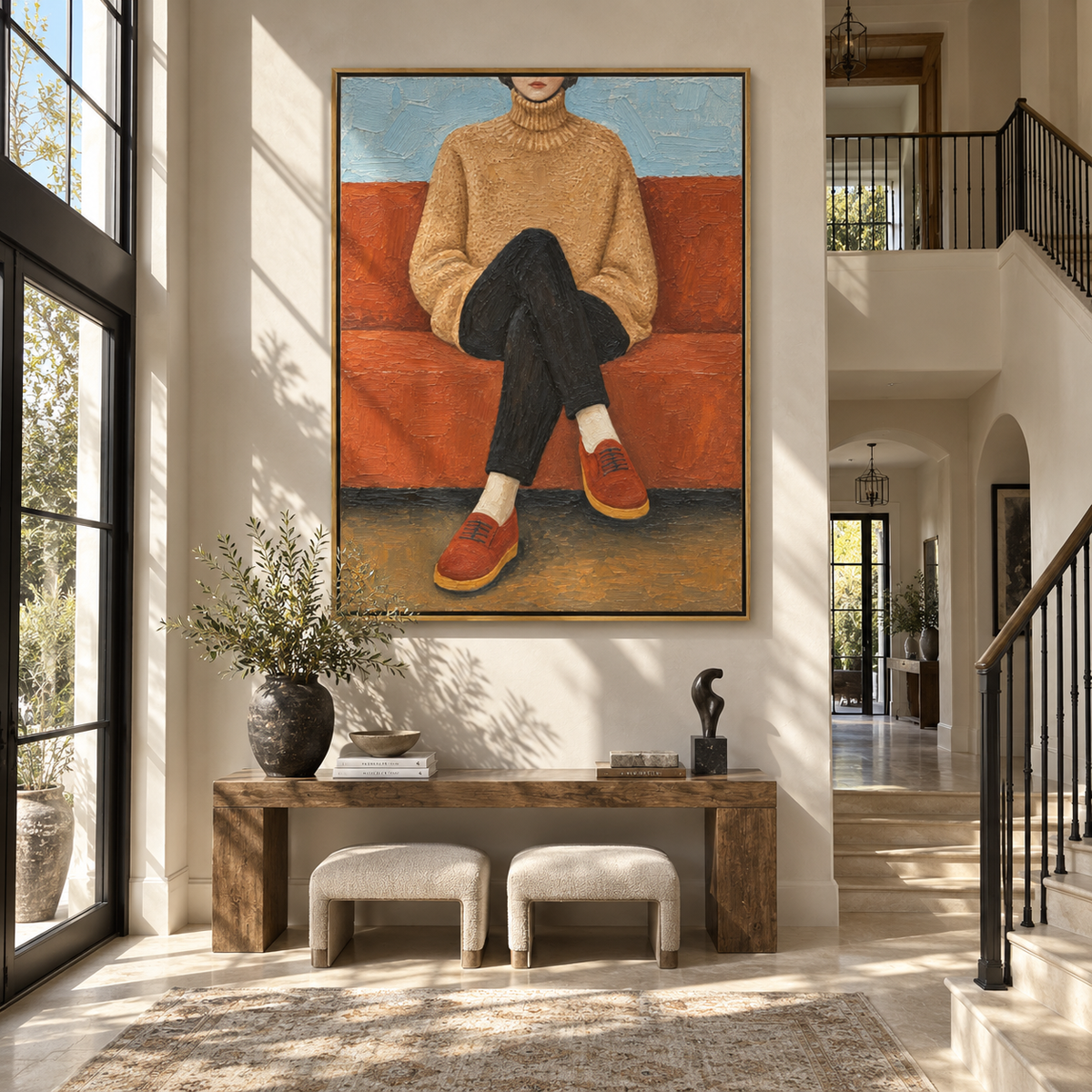 Rust Shoes Cross Quiet – seated woman in tan sweater, Retro Modern vertical wall art - displayed through an entryway