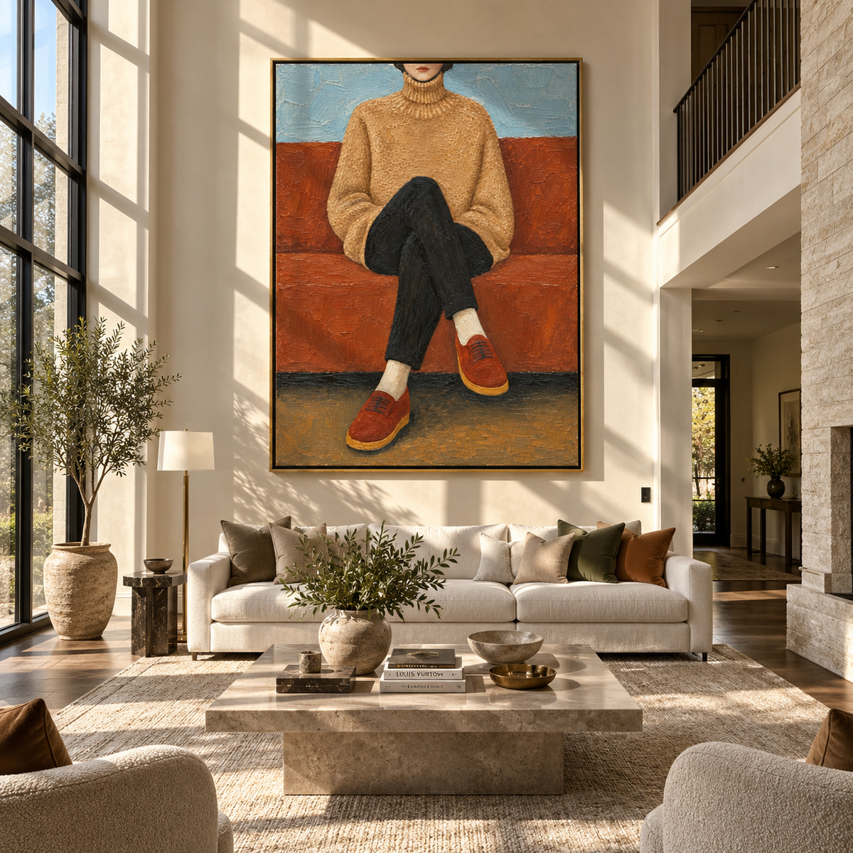 Rust Shoes Cross Quiet – seated woman in tan sweater, Retro Modern vertical wall art - displayed in a quiet reading corner