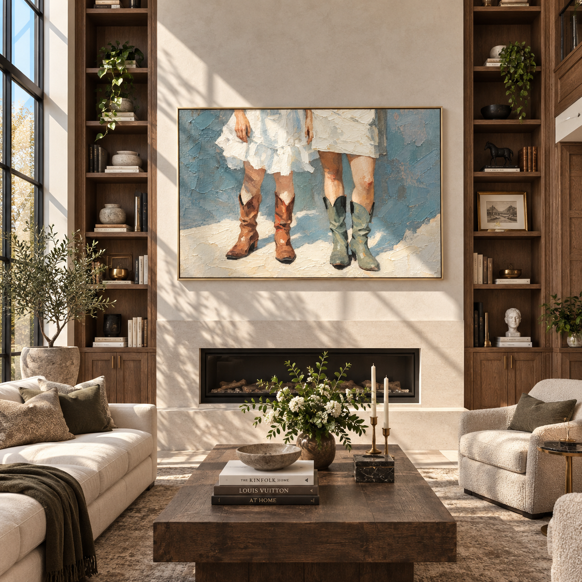 Three Boots Meet Snow – three women in cowboy boots, Retro Modern horizontal wall art - displayed in an open-plan lounge