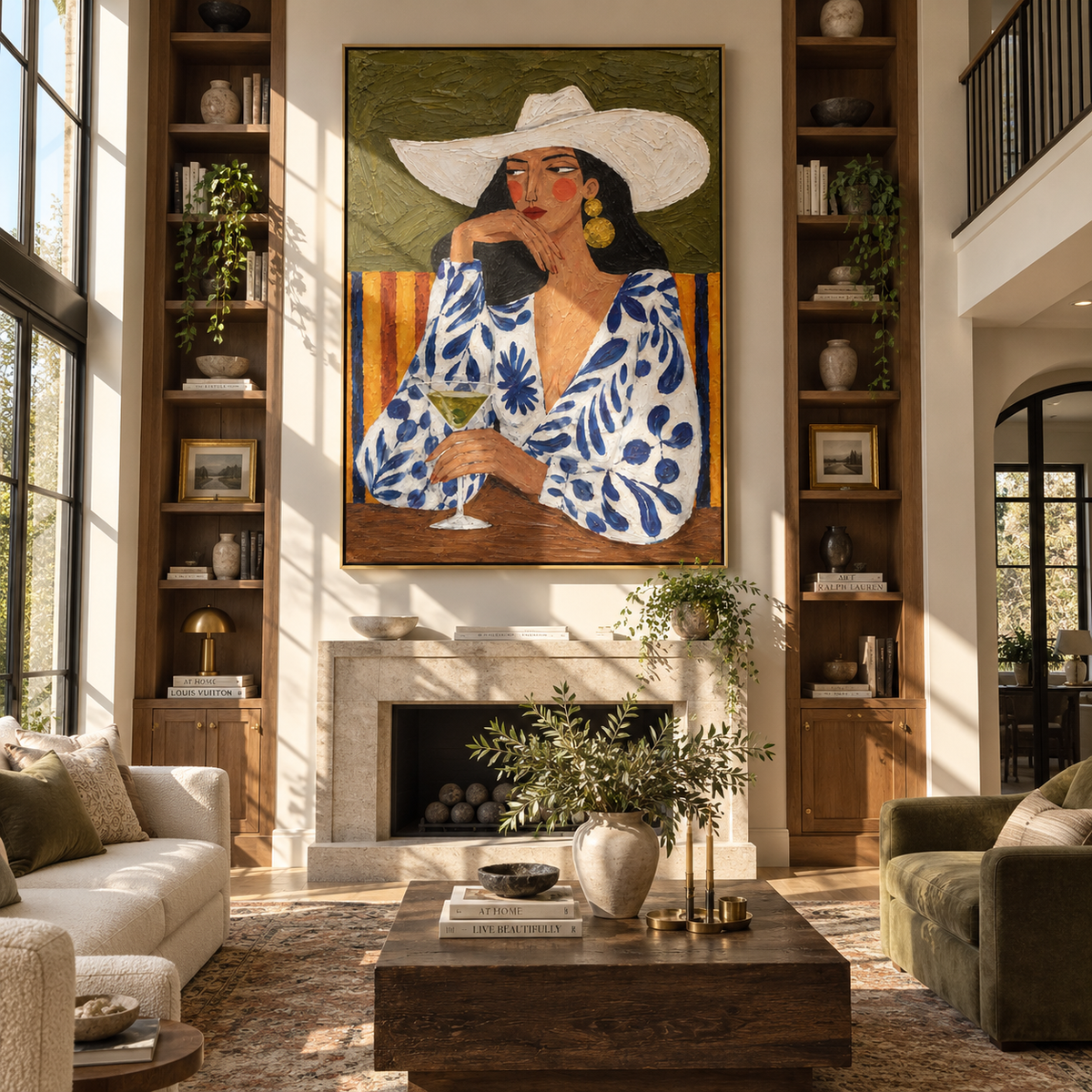 White Brim Guards Green – floral woman with white hat, Retro Modern vertical wall art - displayed beside a bedroom dresser