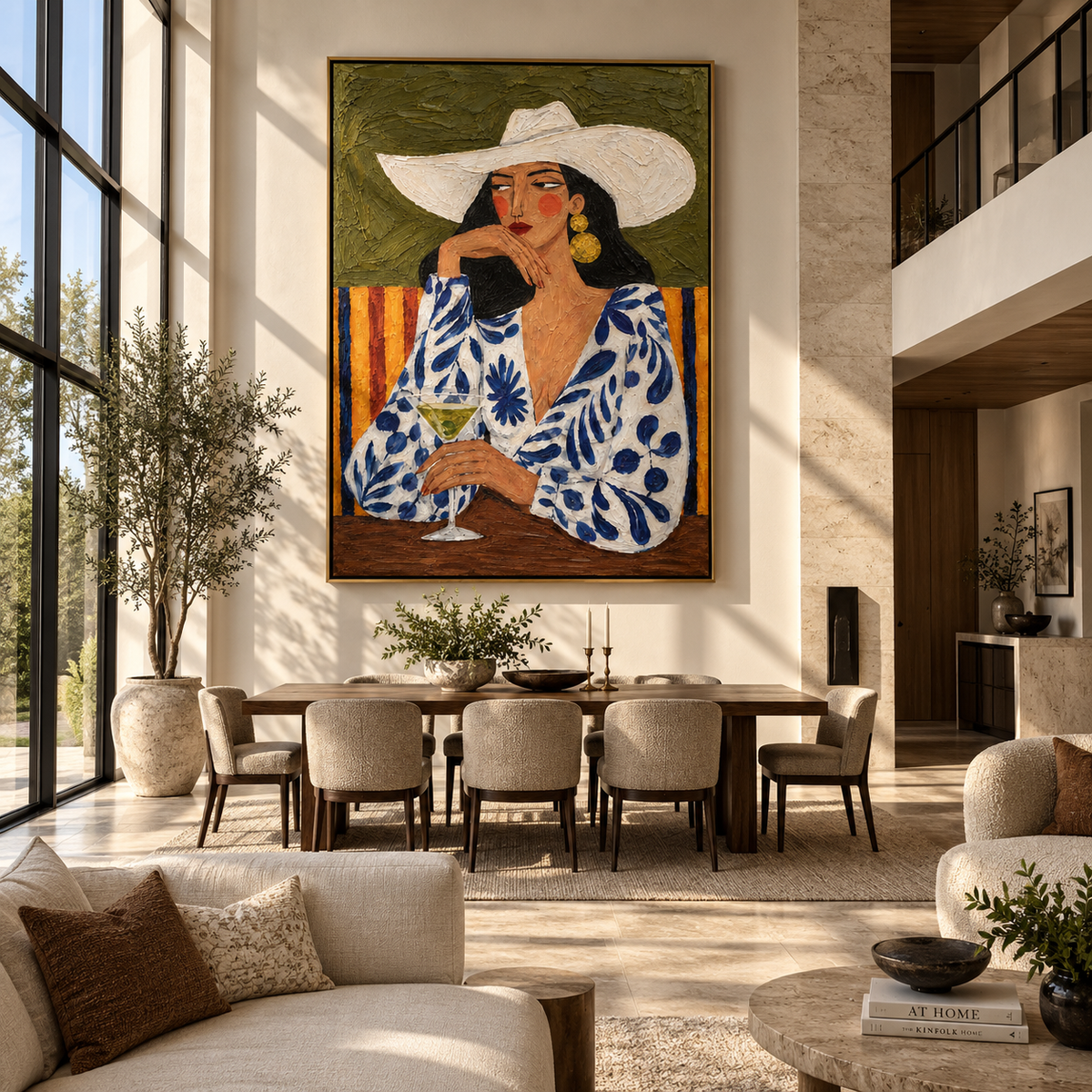 White Brim Guards Green – floral woman with white hat, Retro Modern vertical wall art - displayed along a stair landing