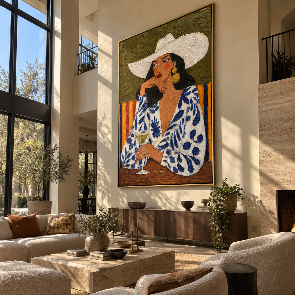 White Brim Guards Green – floral woman with white hat, Retro Modern vertical wall art - displayed above a narrow living room console