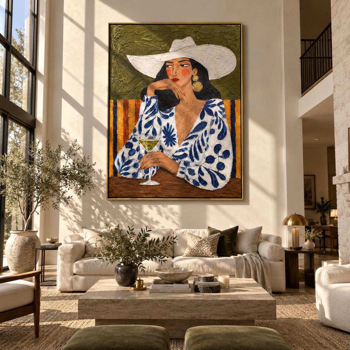 White Brim Guards Green – floral woman with white hat, Retro Modern vertical wall art - displayed in a quiet reading corner