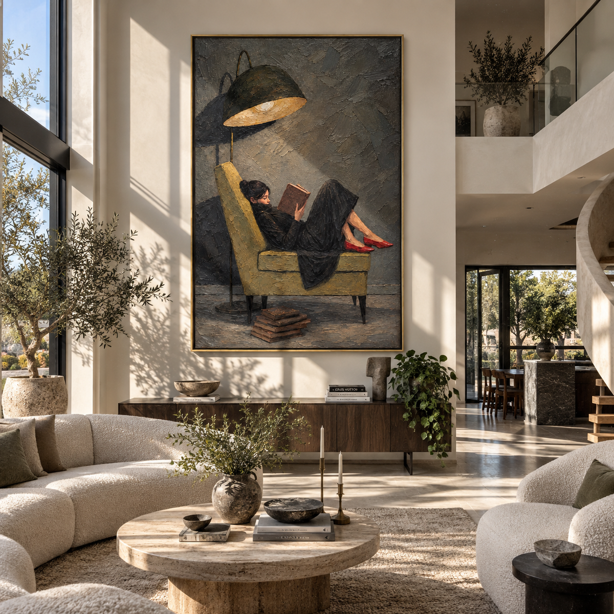 Black Shade Shelters Pages – woman reading under black lamp, Retro Modern vertical wall art - displayed along a stair landing