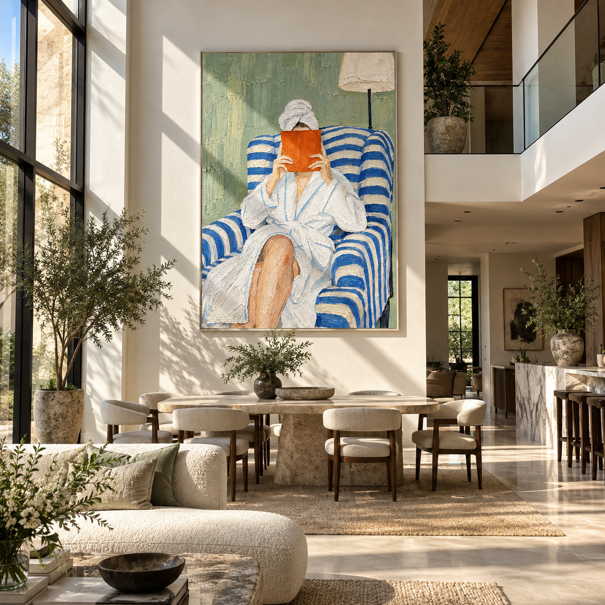 Orange Pages Cover Silence – woman reading in striped chair, Retro Modern vertical wall art - displayed along a stair landing