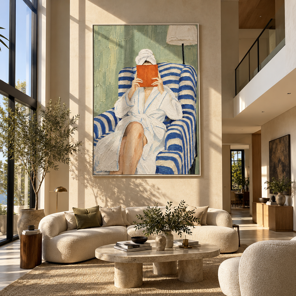 Orange Pages Cover Silence – woman reading in striped chair, Retro Modern vertical wall art - displayed in a quiet reading corner