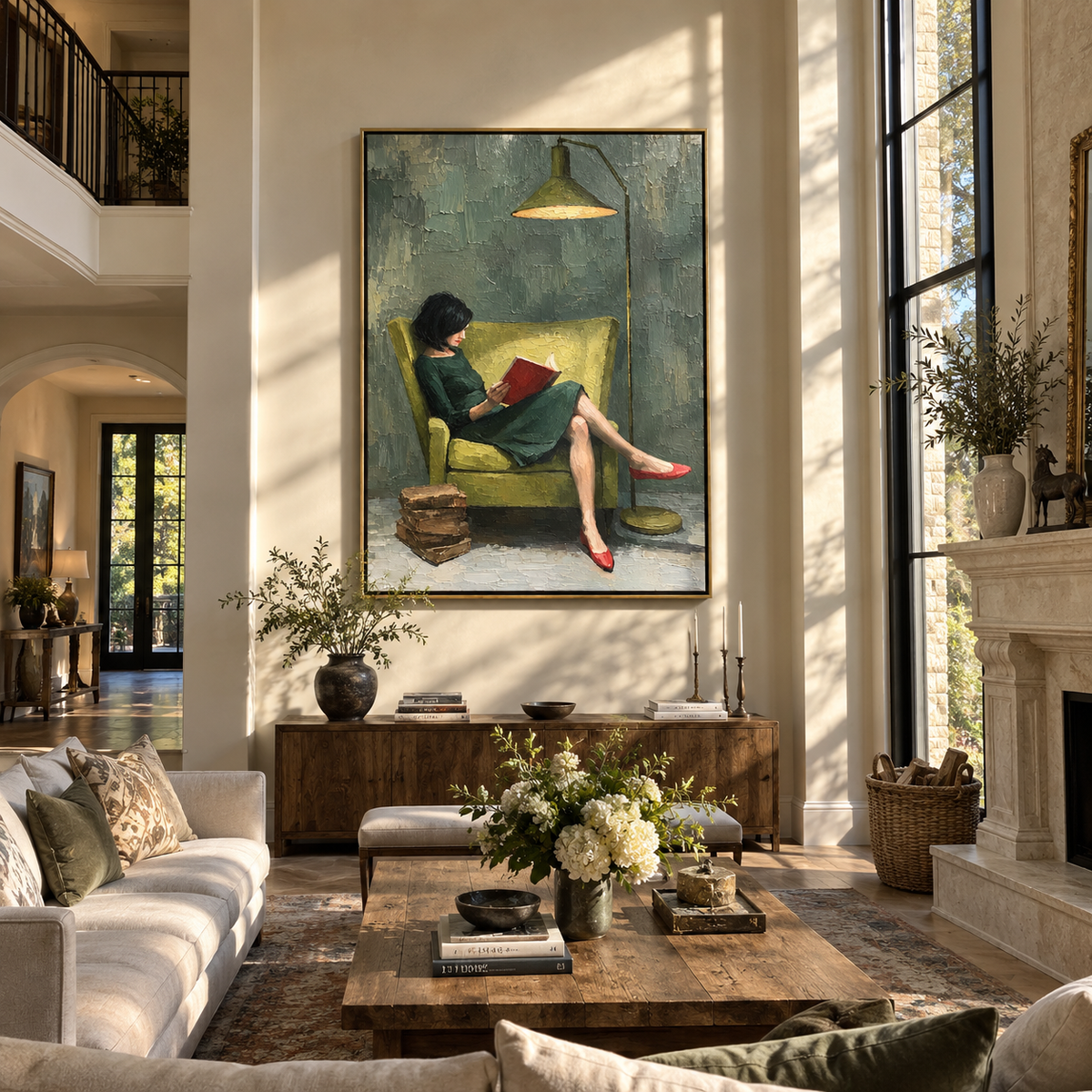Green Lamp Warms Pages – woman reading under green lamp, Retro Modern vertical wall art - displayed beside a bedroom dresser