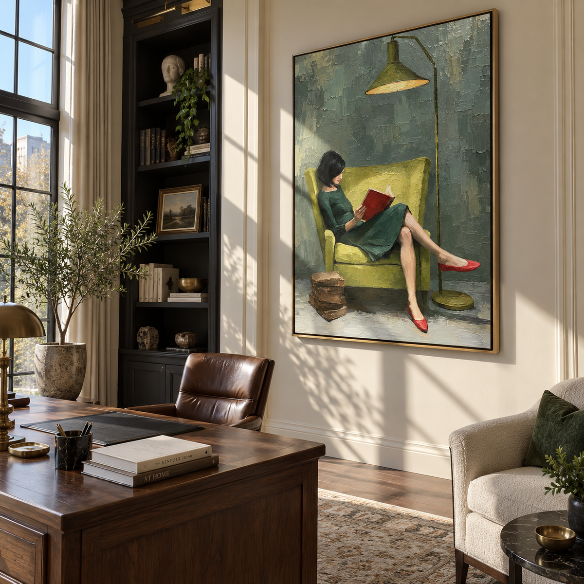 Green Lamp Warms Pages – woman reading under green lamp, Retro Modern vertical wall art - displayed in a quiet reading corner