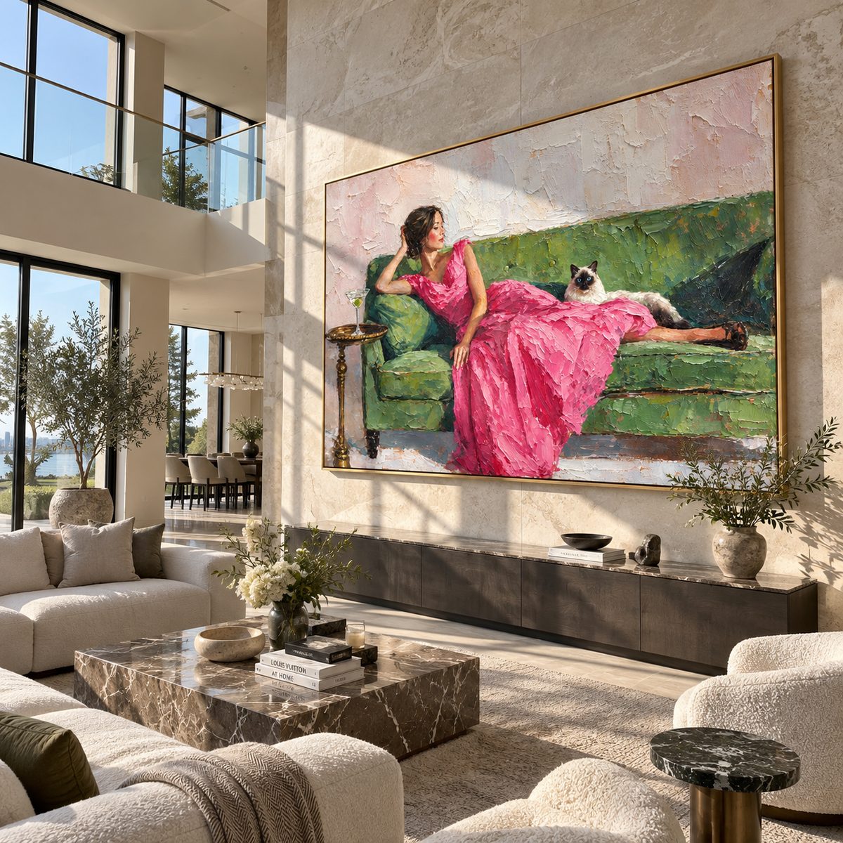 Pink Gown Meets Companion – pink gown woman with cat, Retro Modern horizontal wall art - displayed above a living room sofa
