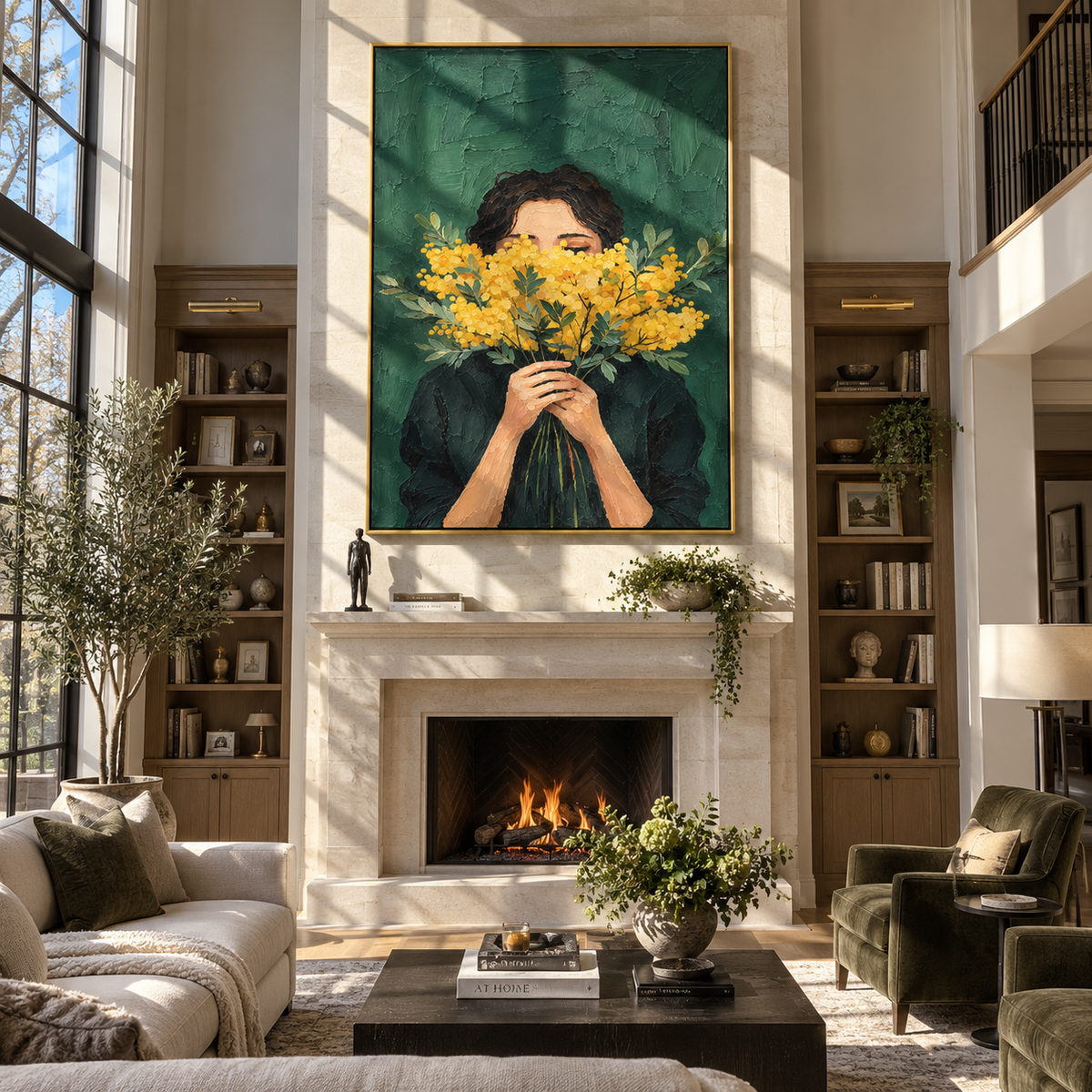 Yellow Flowers Hide Gaze – woman holding yellow flowers, Retro Modern vertical wall art - displayed beside a bedroom dresser