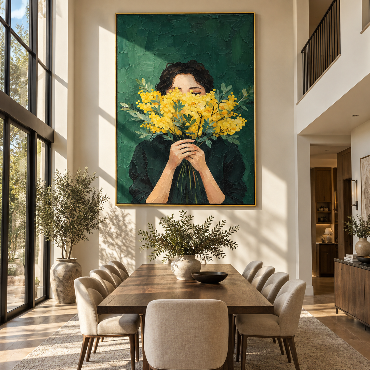 Yellow Flowers Hide Gaze – woman holding yellow flowers, Retro Modern vertical wall art - displayed in a quiet reading corner