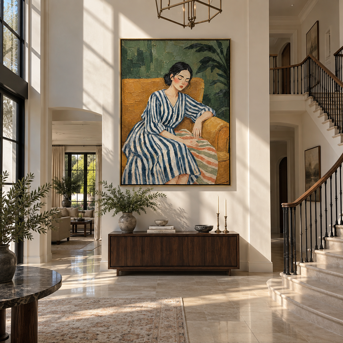 Blue Stripes Rest Green – woman resting in striped dress, Retro Modern vertical wall art - displayed beside a bedroom dresser