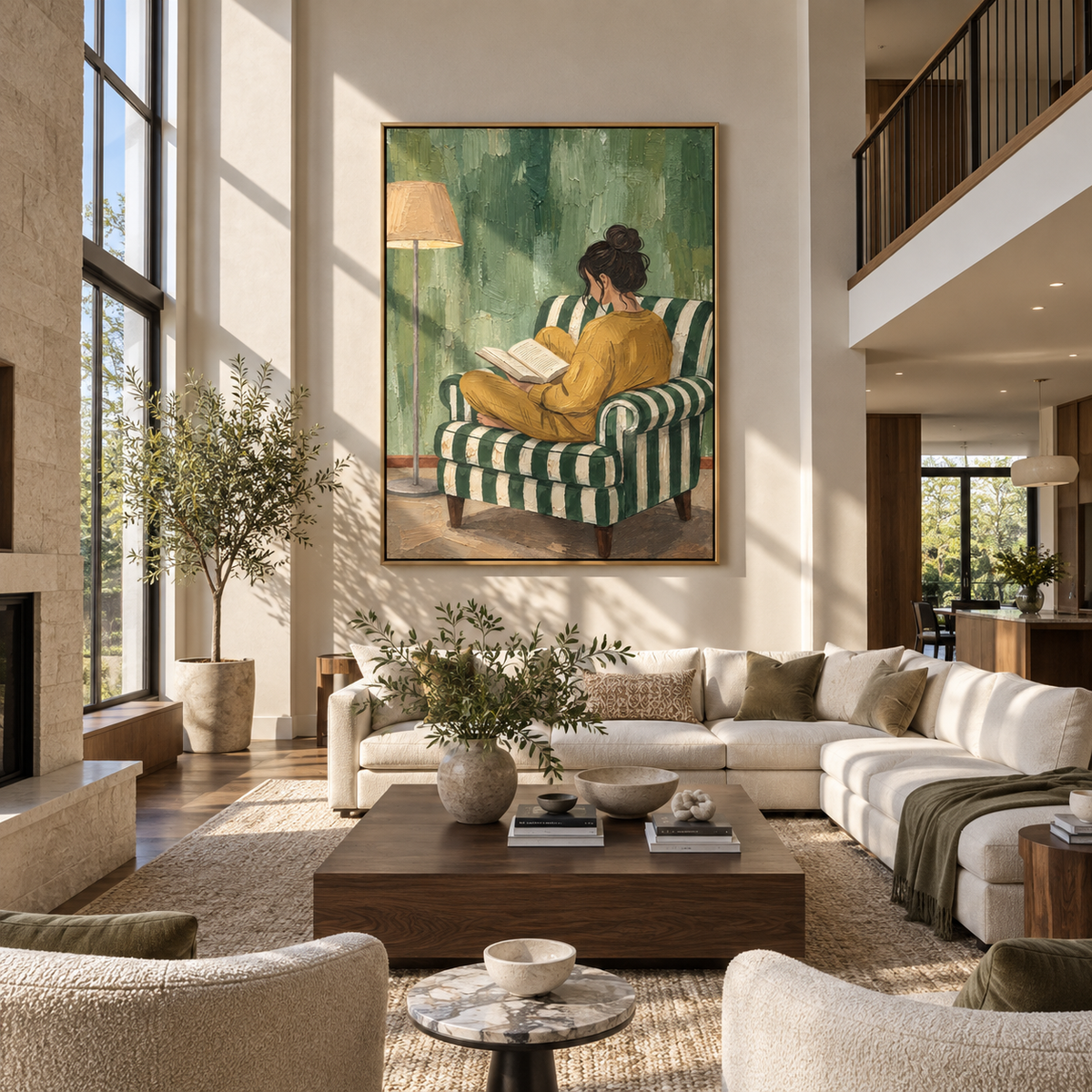 Mustard Dress Reads Alone – woman reading in green chair, Retro Modern vertical wall art - displayed through an entryway