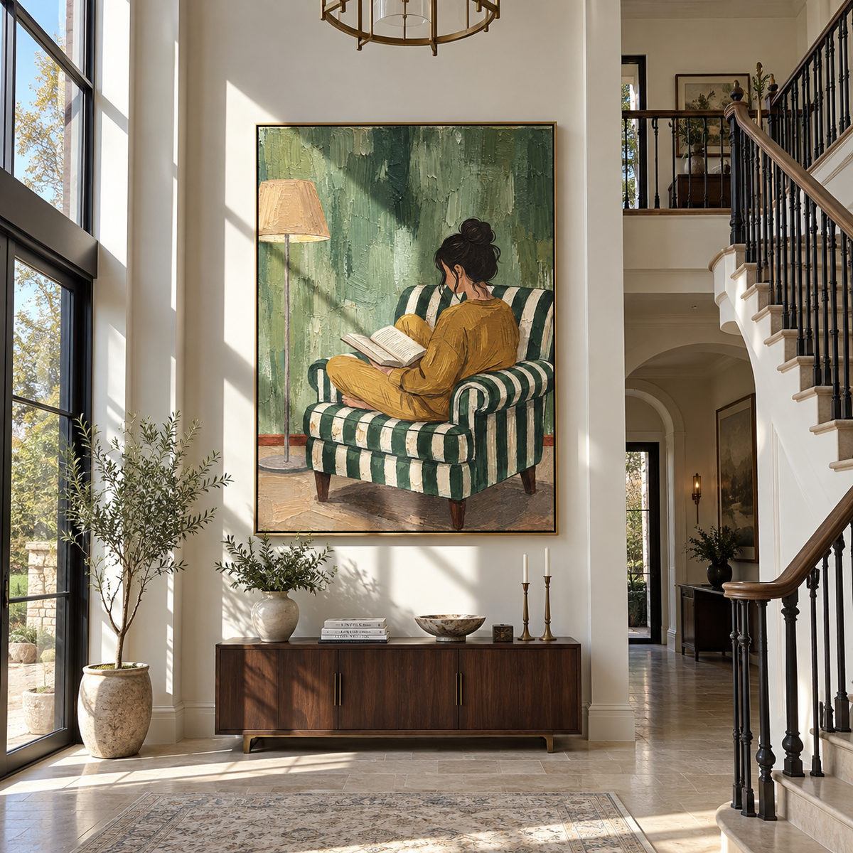 Mustard Dress Reads Alone – woman reading in green chair, Retro Modern vertical wall art - displayed in a quiet reading corner