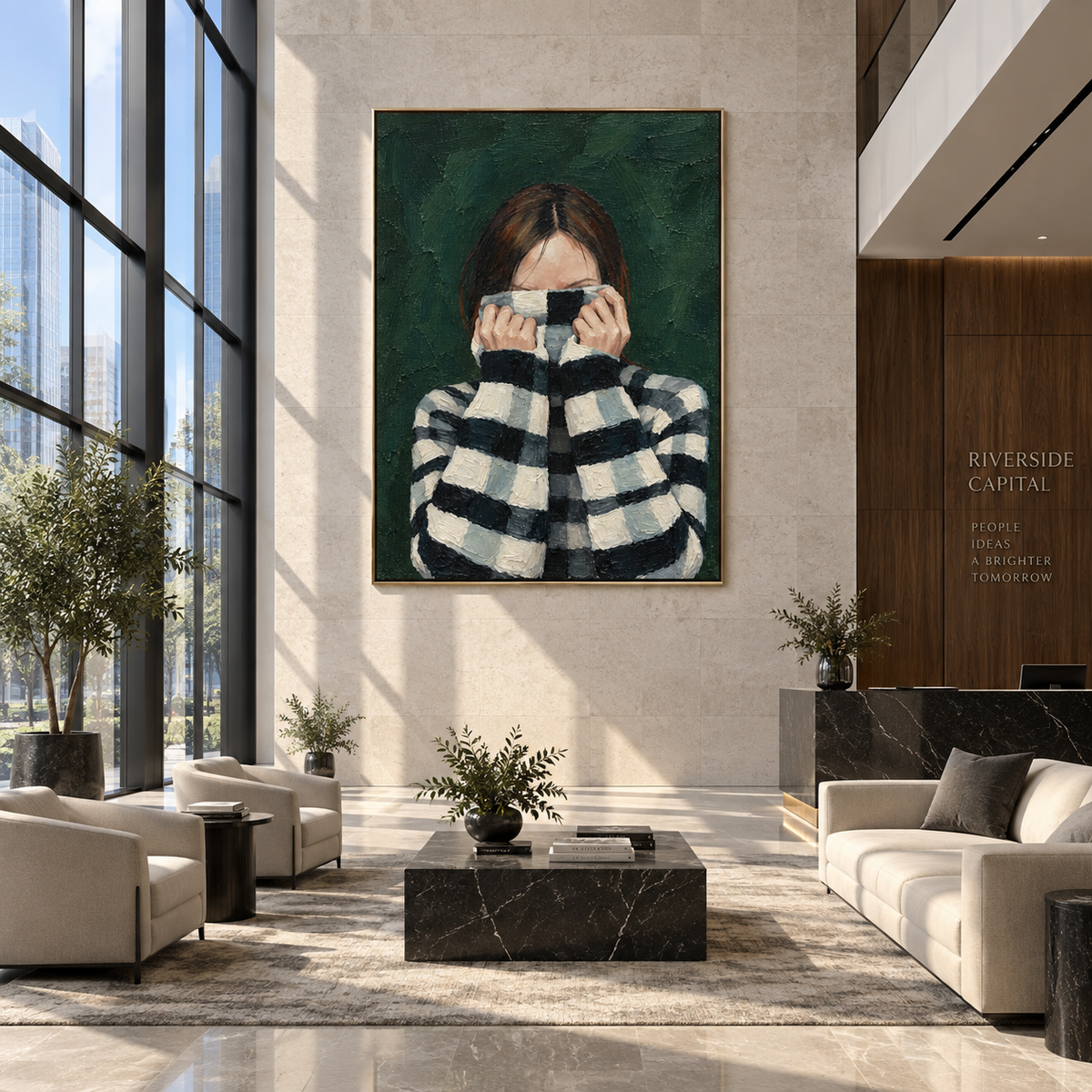 Checked Sleeves Guard Face – checkered sweater woman portrait, Retro Modern vertical wall art - displayed through an entryway