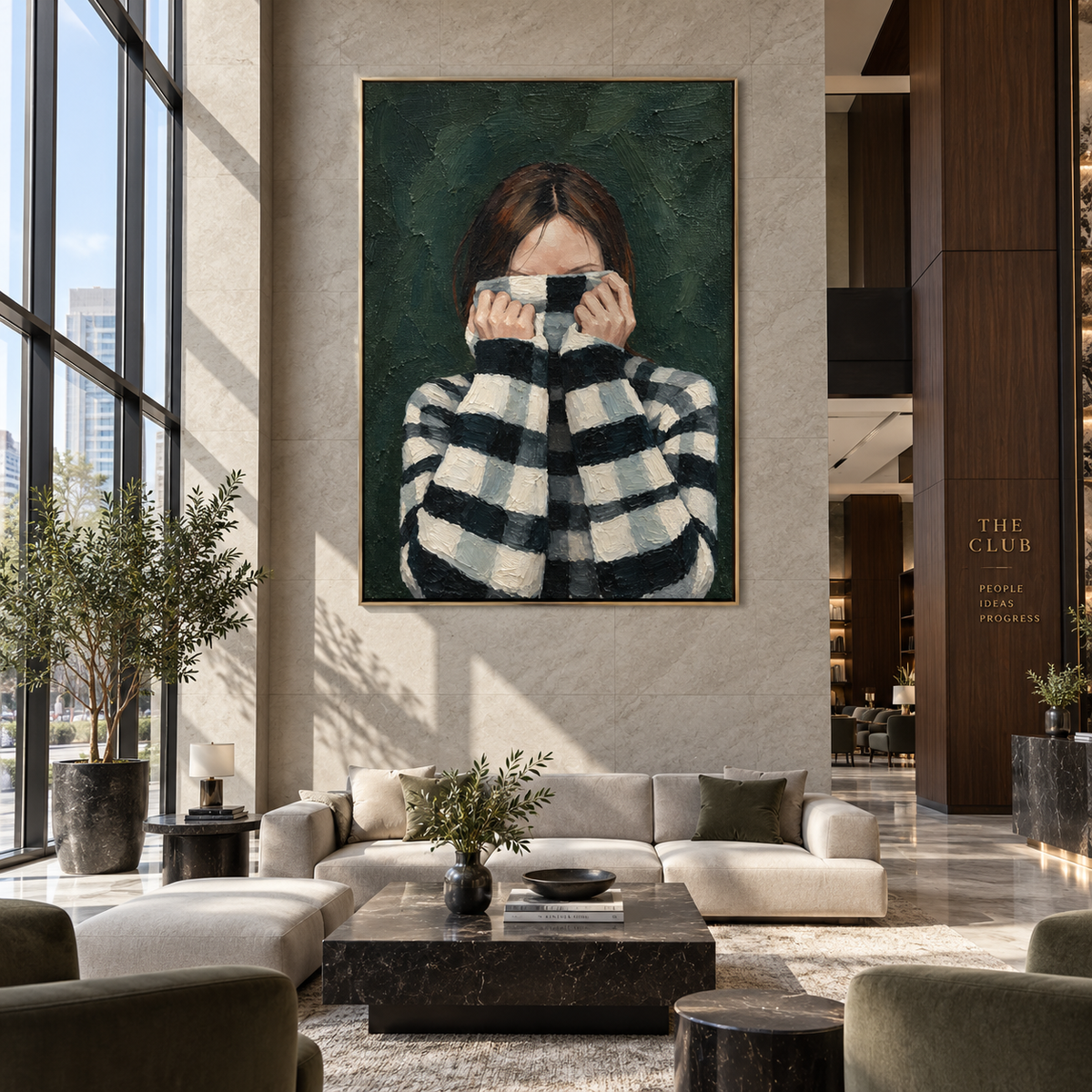 Checked Sleeves Guard Face – checkered sweater woman portrait, Retro Modern vertical wall art - displayed above a narrow living room console