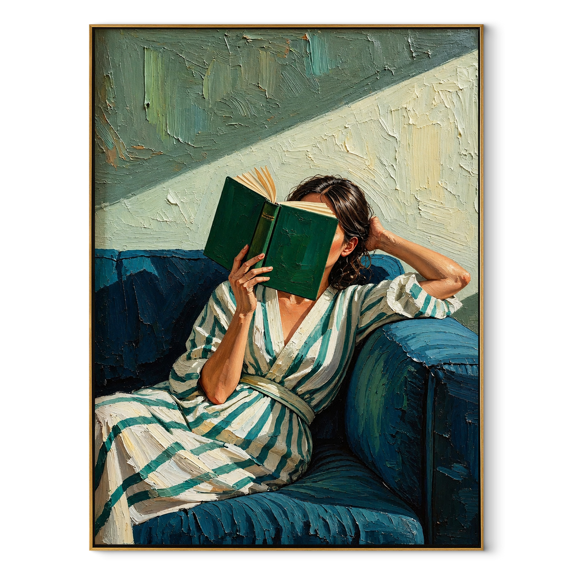 Green Book Blocks Light – striped woman reading green book, Retro Modern vertical wall art - wood frame on white background