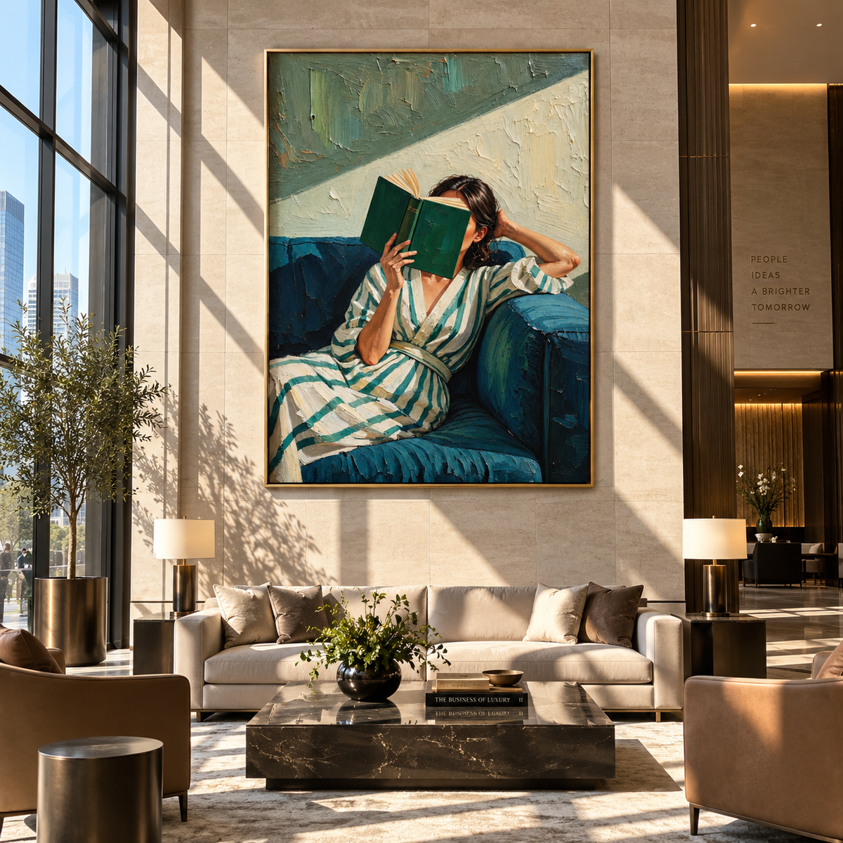 Green Book Blocks Light – striped woman reading green book, Retro Modern vertical wall art - displayed through an entryway