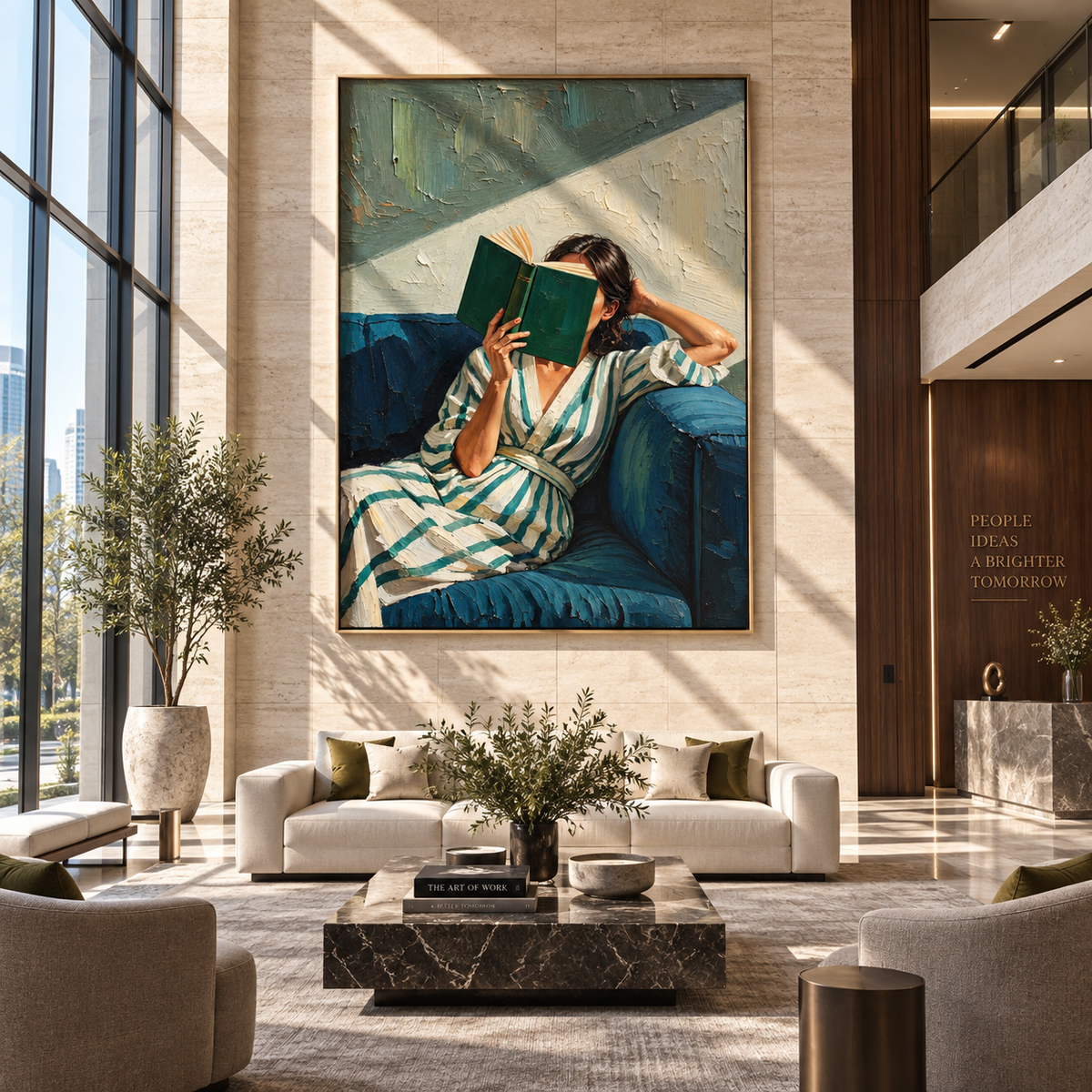 Green Book Blocks Light – striped woman reading green book, Retro Modern vertical wall art - displayed above a narrow living room console