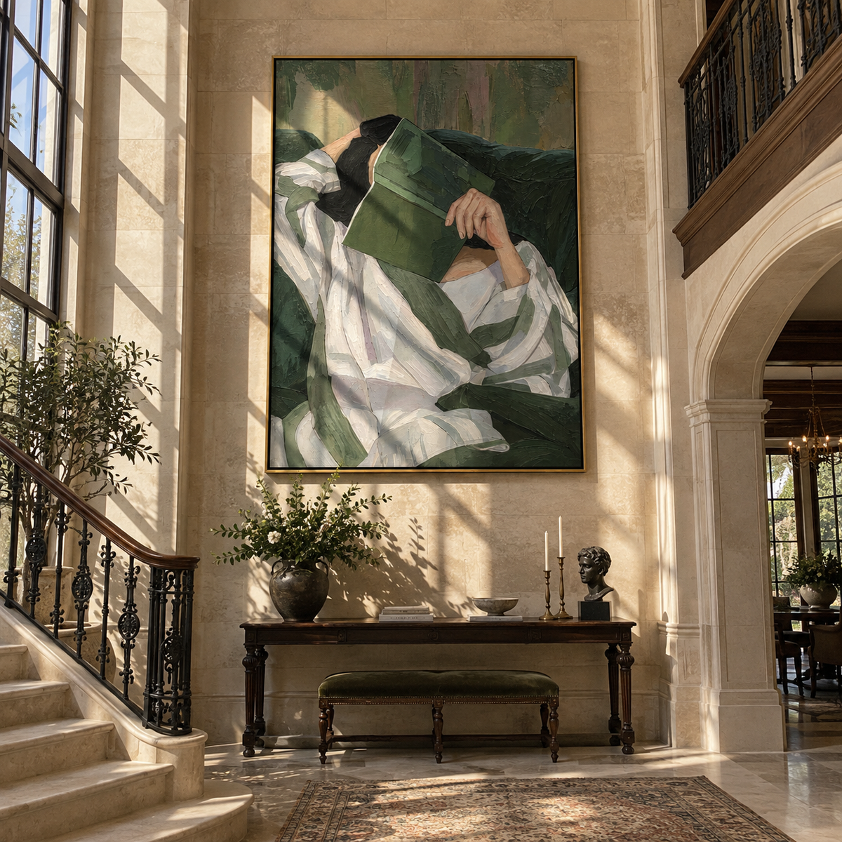 Green Volume Holds Rest – reclining woman reading green book, Retro Modern vertical wall art - displayed above a narrow living room console