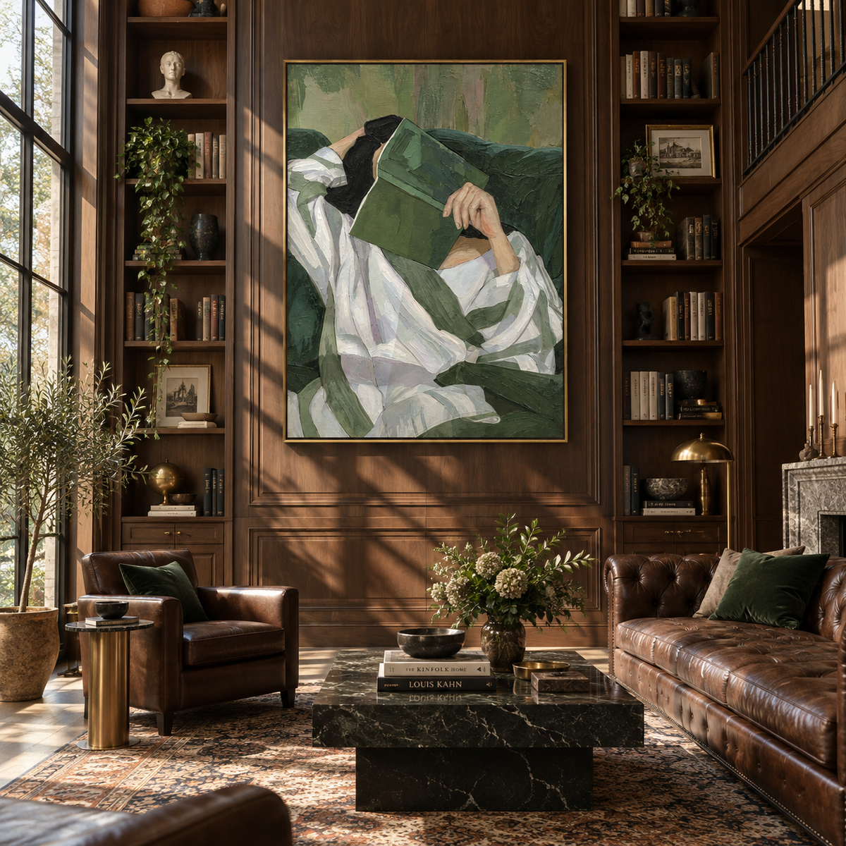 Green Volume Holds Rest – reclining woman reading green book, Retro Modern vertical wall art - displayed in a quiet reading corner