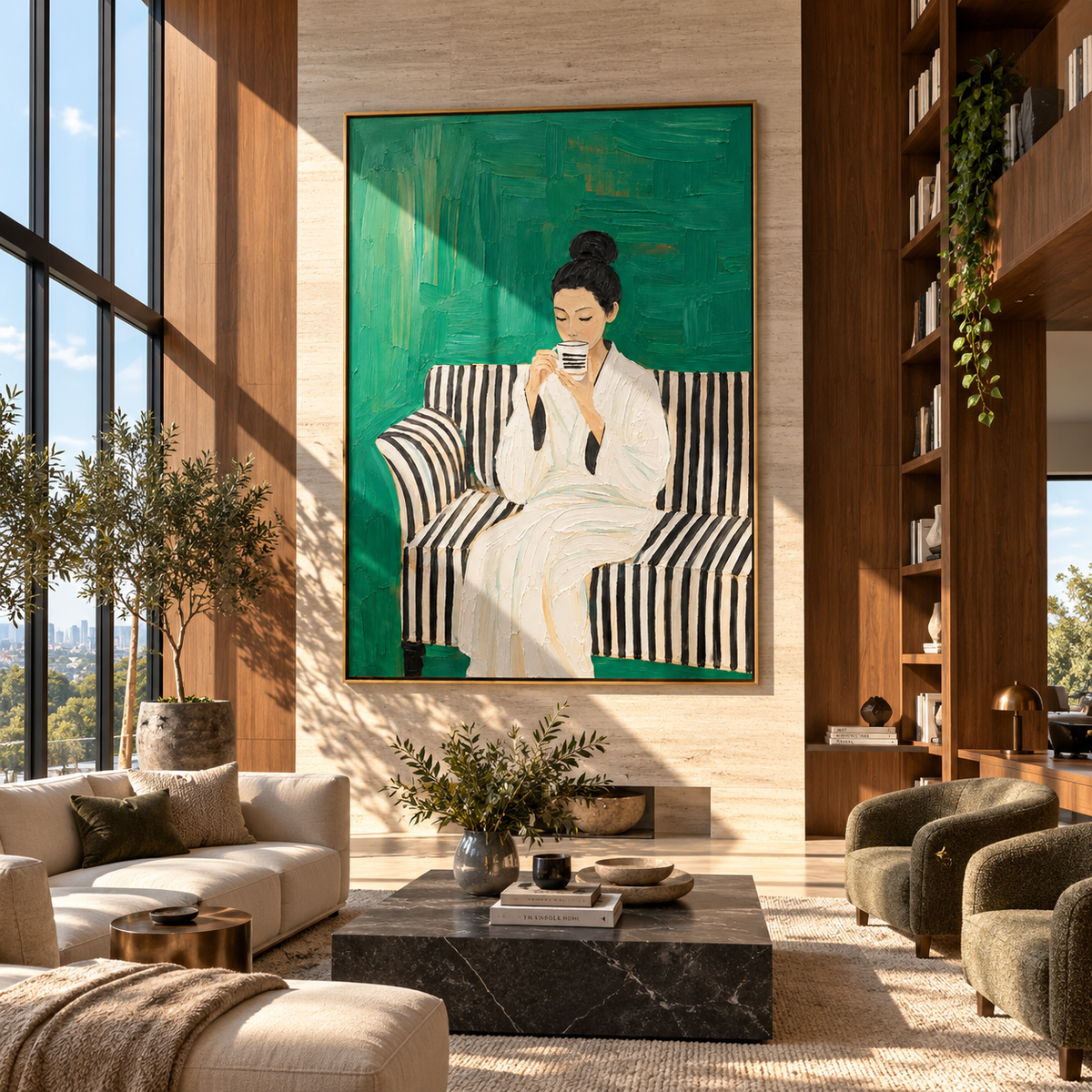 Striped Sofa Holds Coffee – woman drinking coffee on striped sofa, Retro Modern vertical wall art - displayed beside a bedroom dresser