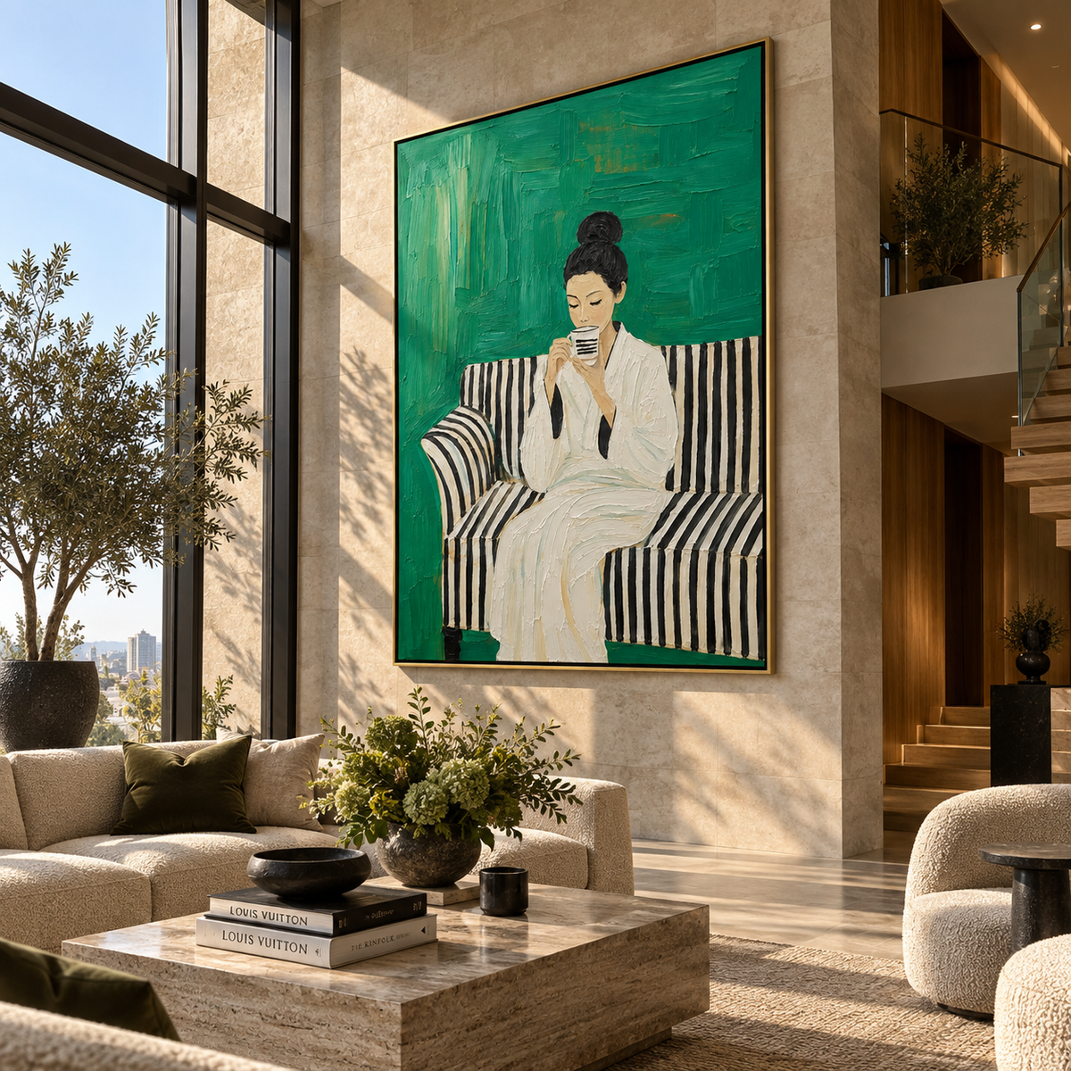 Striped Sofa Holds Coffee – woman drinking coffee on striped sofa, Retro Modern vertical wall art - displayed through an entryway
