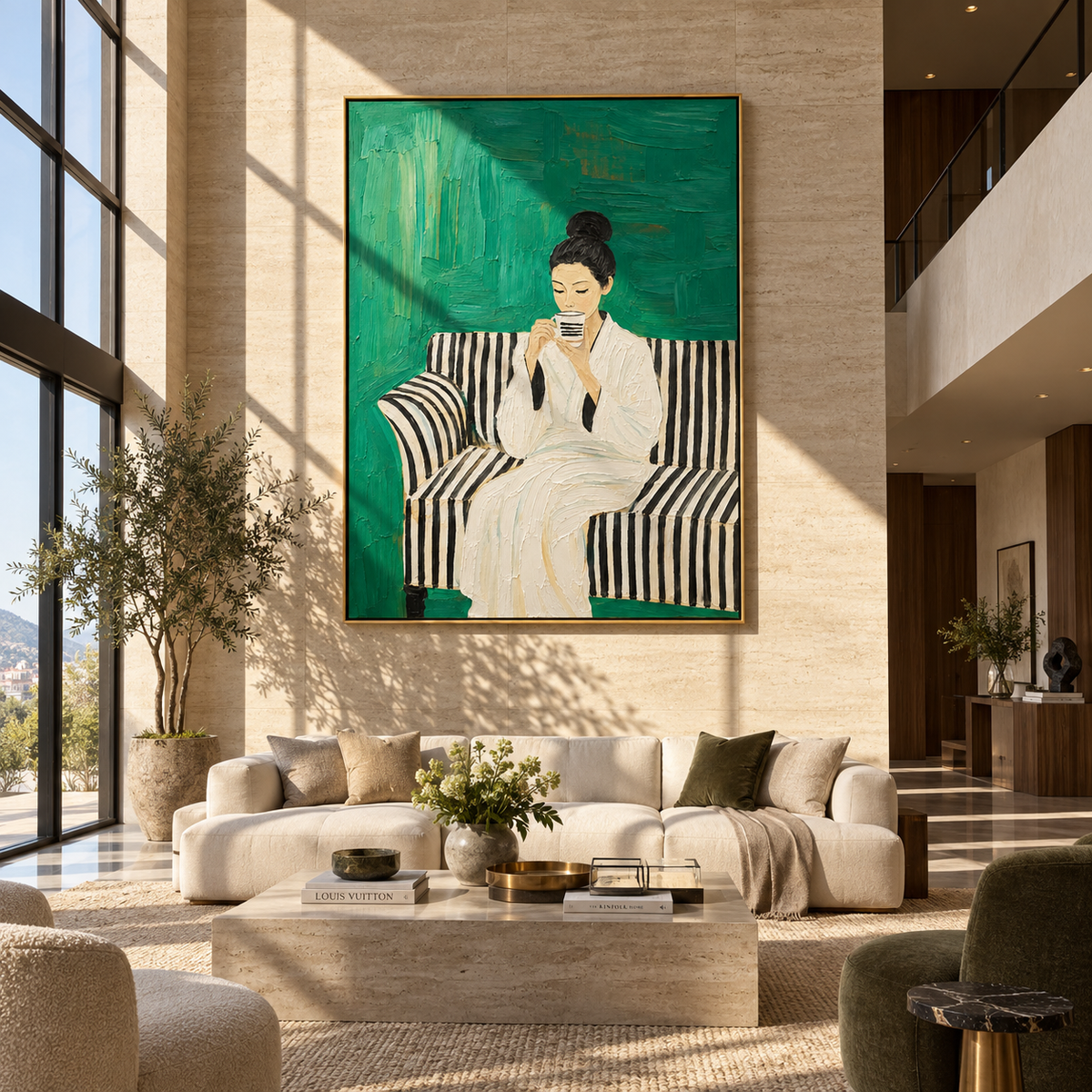 Striped Sofa Holds Coffee – woman drinking coffee on striped sofa, Retro Modern vertical wall art - displayed along a stair landing