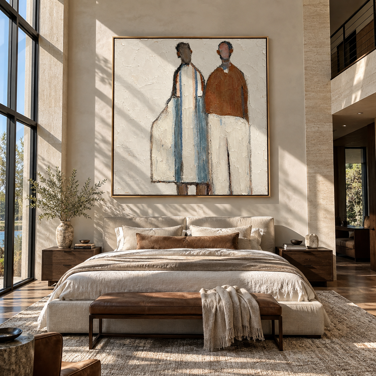 Two Figures Share Distance – two minimalist standing figures, Retro Modern square wall art - displayed beside a home office desk