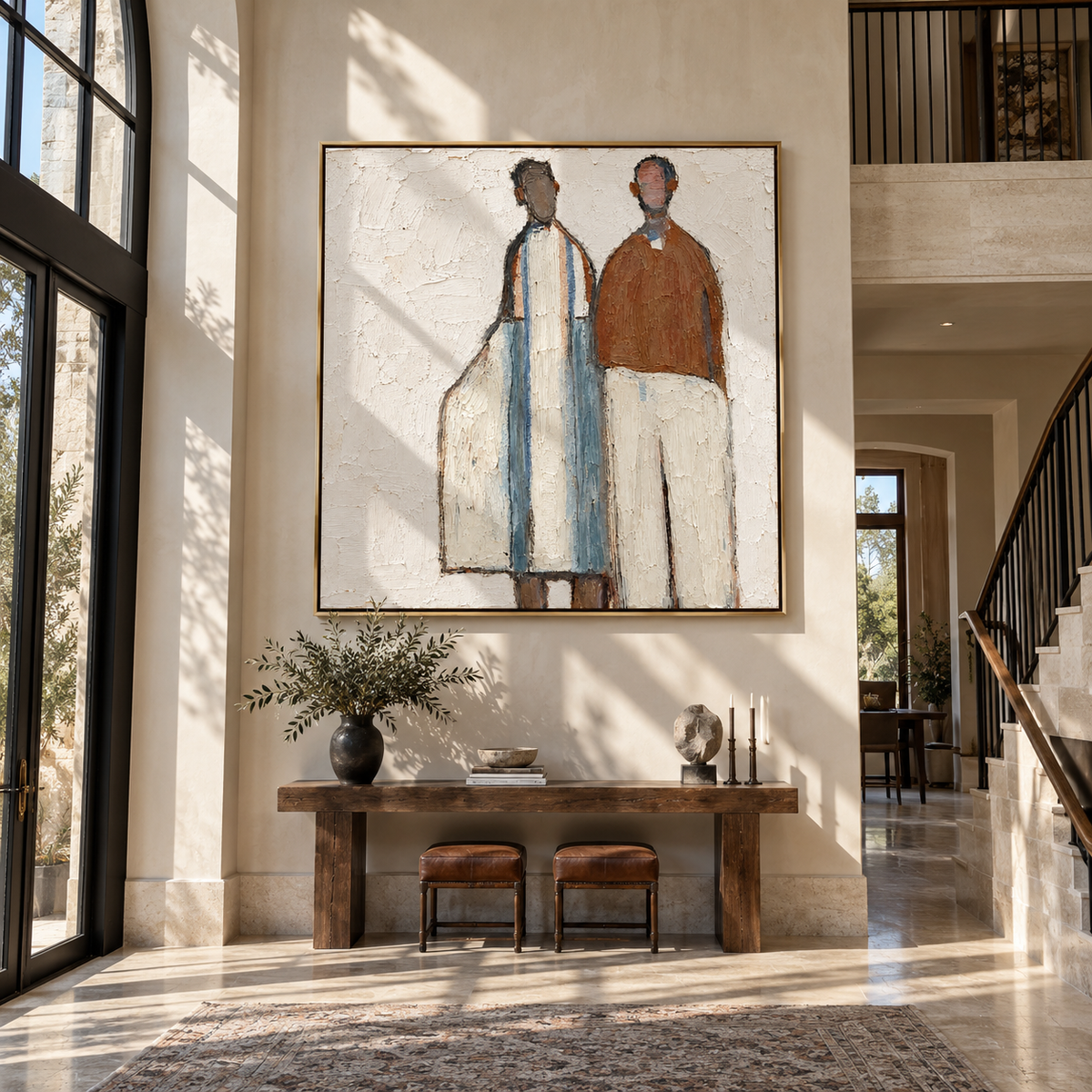 Two Figures Share Distance – two minimalist standing figures, Retro Modern square wall art - displayed over a low oak cabinet