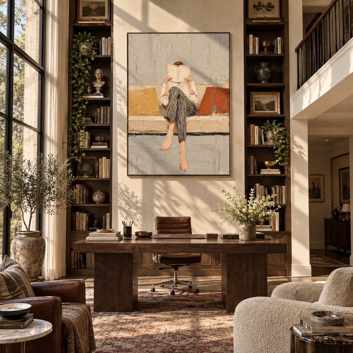 Pale Pages Hide Noon – seated woman reading on sofa, Retro Modern vertical wall art - displayed beside a bedroom dresser