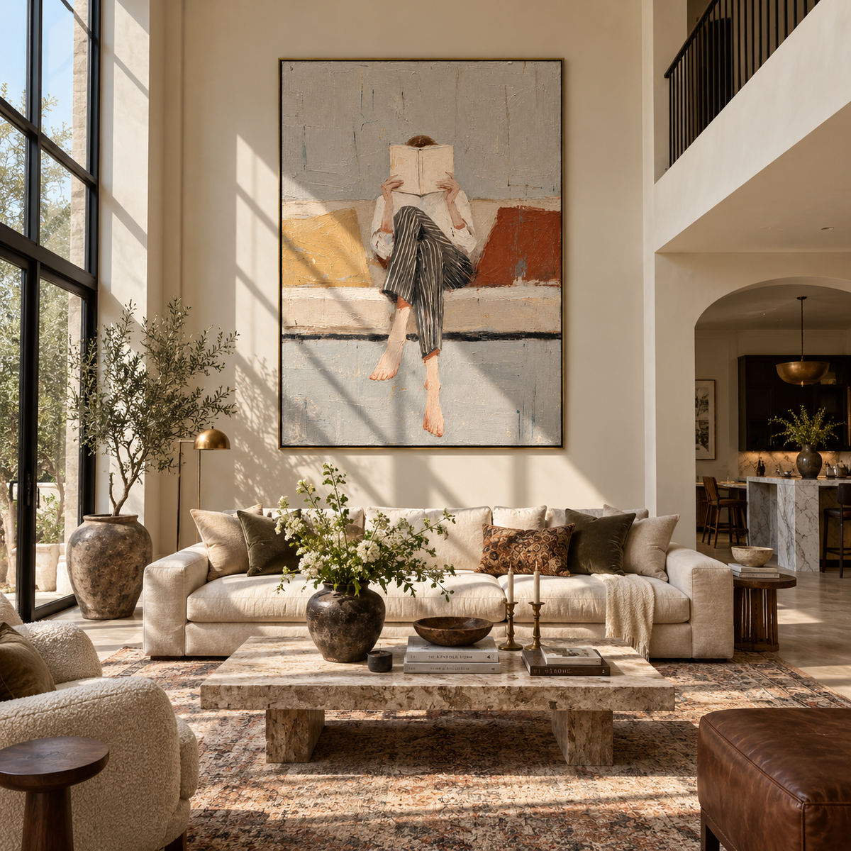 Pale Pages Hide Noon – seated woman reading on sofa, Retro Modern vertical wall art - displayed along a stair landing