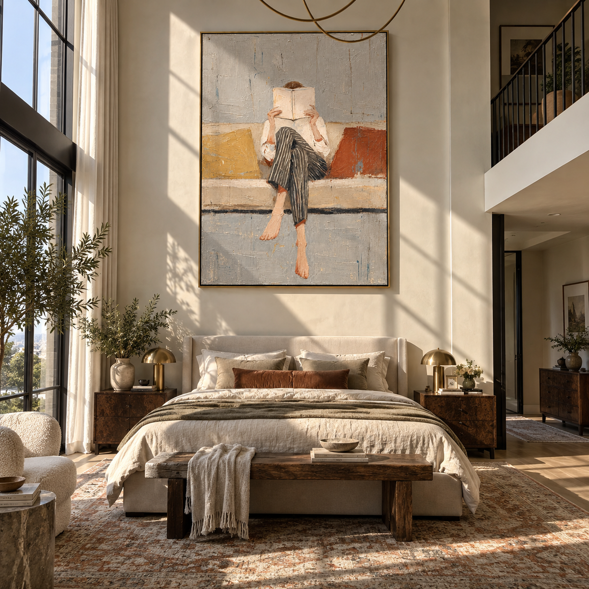 Pale Pages Hide Noon – seated woman reading on sofa, Retro Modern vertical wall art - displayed above a narrow living room console