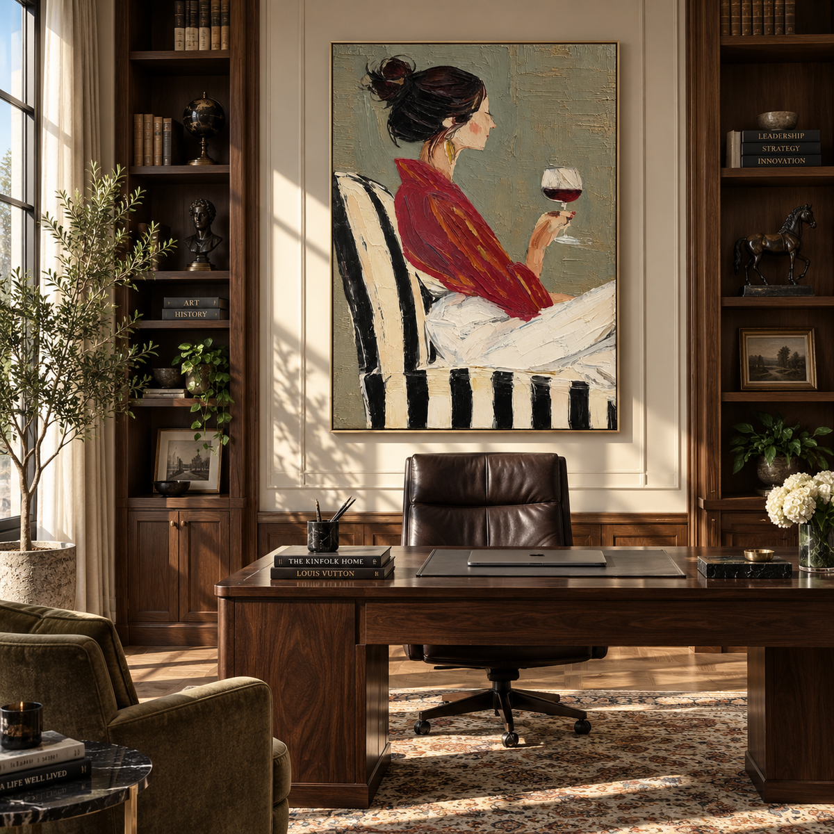 Burgundy Robe Holds Wine – woman in burgundy holding wine, Retro Modern vertical wall art - displayed along a stair landing