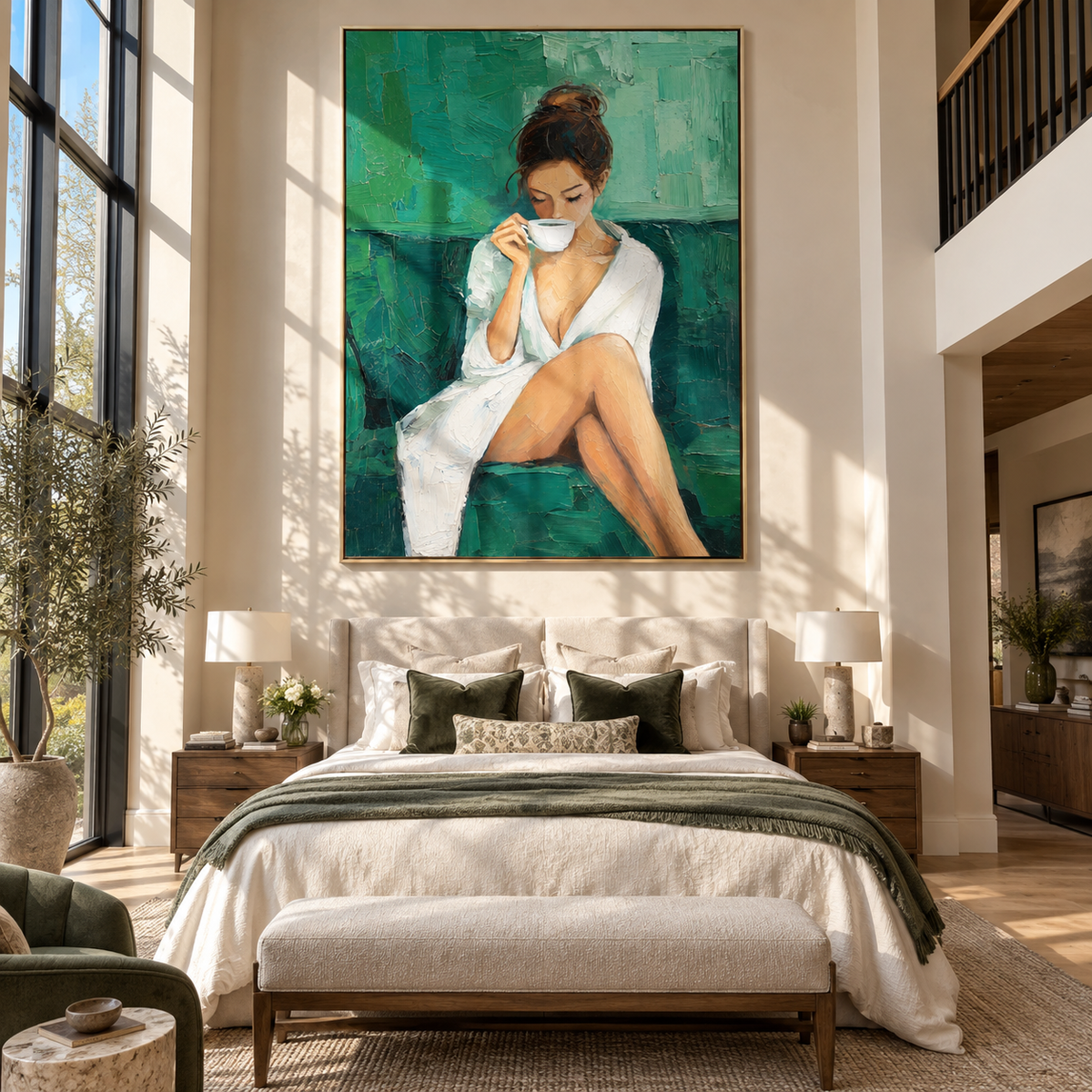 White Robe Meets Teal – woman drinking coffee in white robe, Retro Modern vertical wall art - displayed beside a bedroom dresser