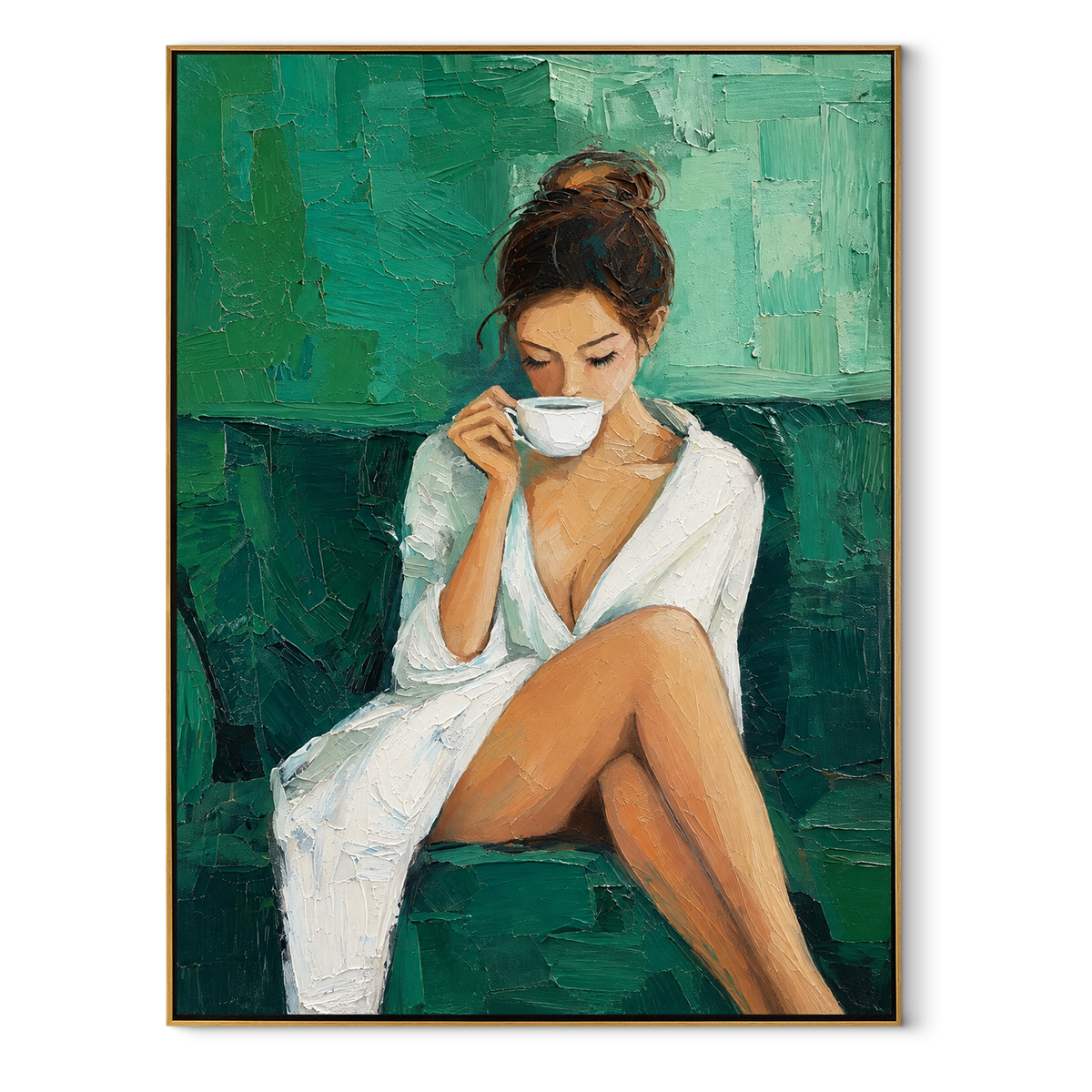 White Robe Meets Teal – woman drinking coffee in white robe, Retro Modern vertical wall art - wood frame on white background