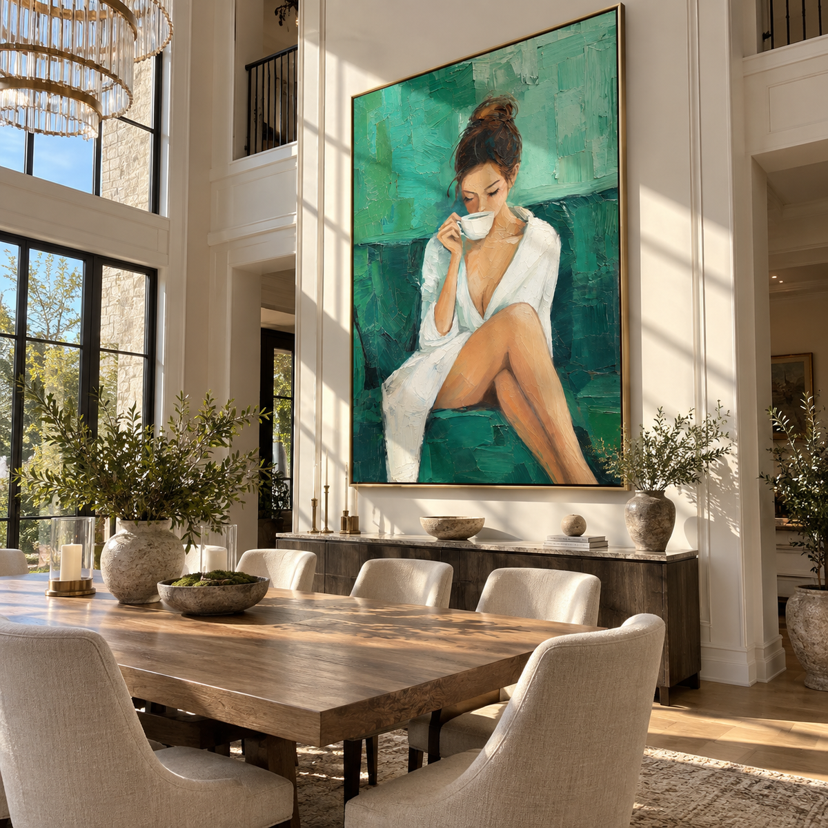 White Robe Meets Teal – woman drinking coffee in white robe, Retro Modern vertical wall art - displayed along a stair landing