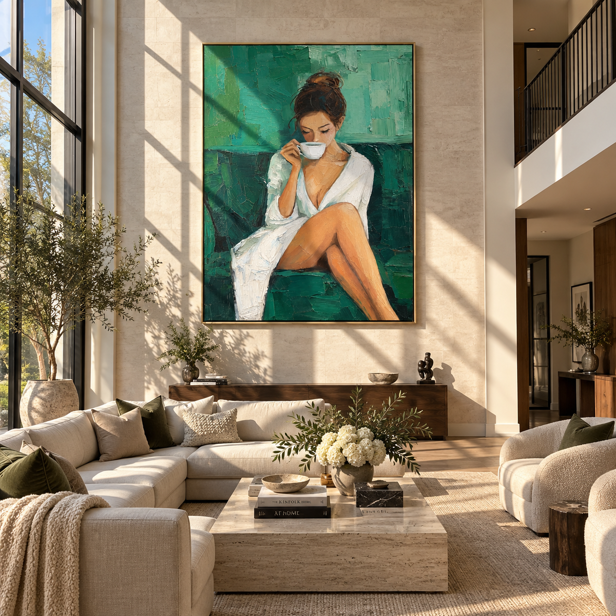 White Robe Meets Teal – woman drinking coffee in white robe, Retro Modern vertical wall art - displayed above a narrow living room console