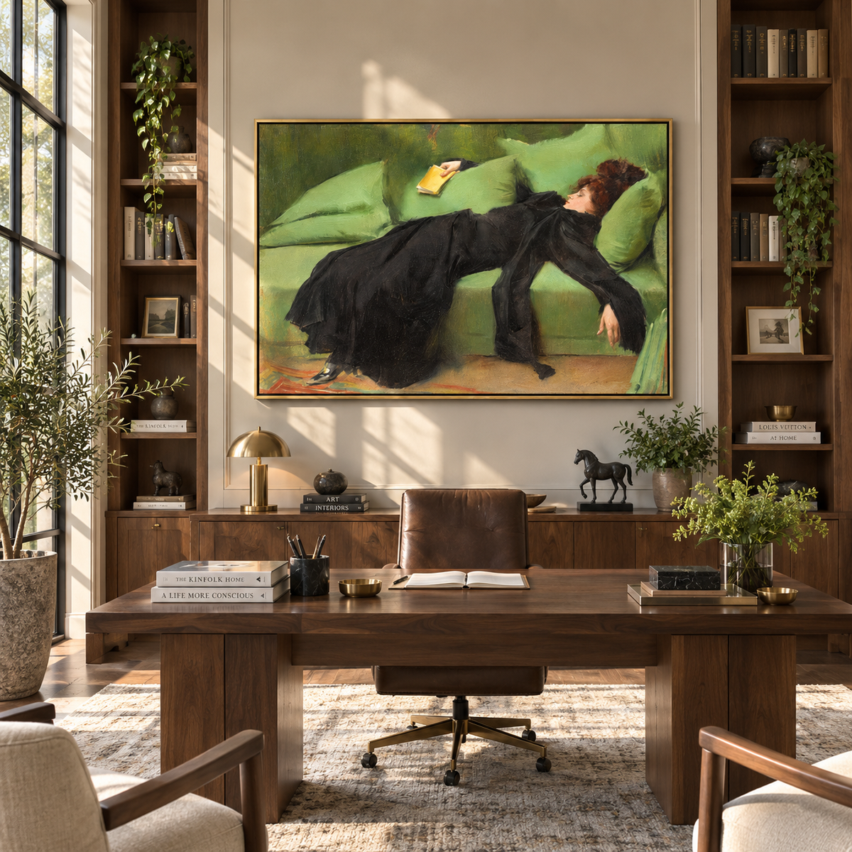Green Sofa Holds Midnight – black gown woman on green sofa, Retro Modern horizontal wall art - displayed above a living room sofa