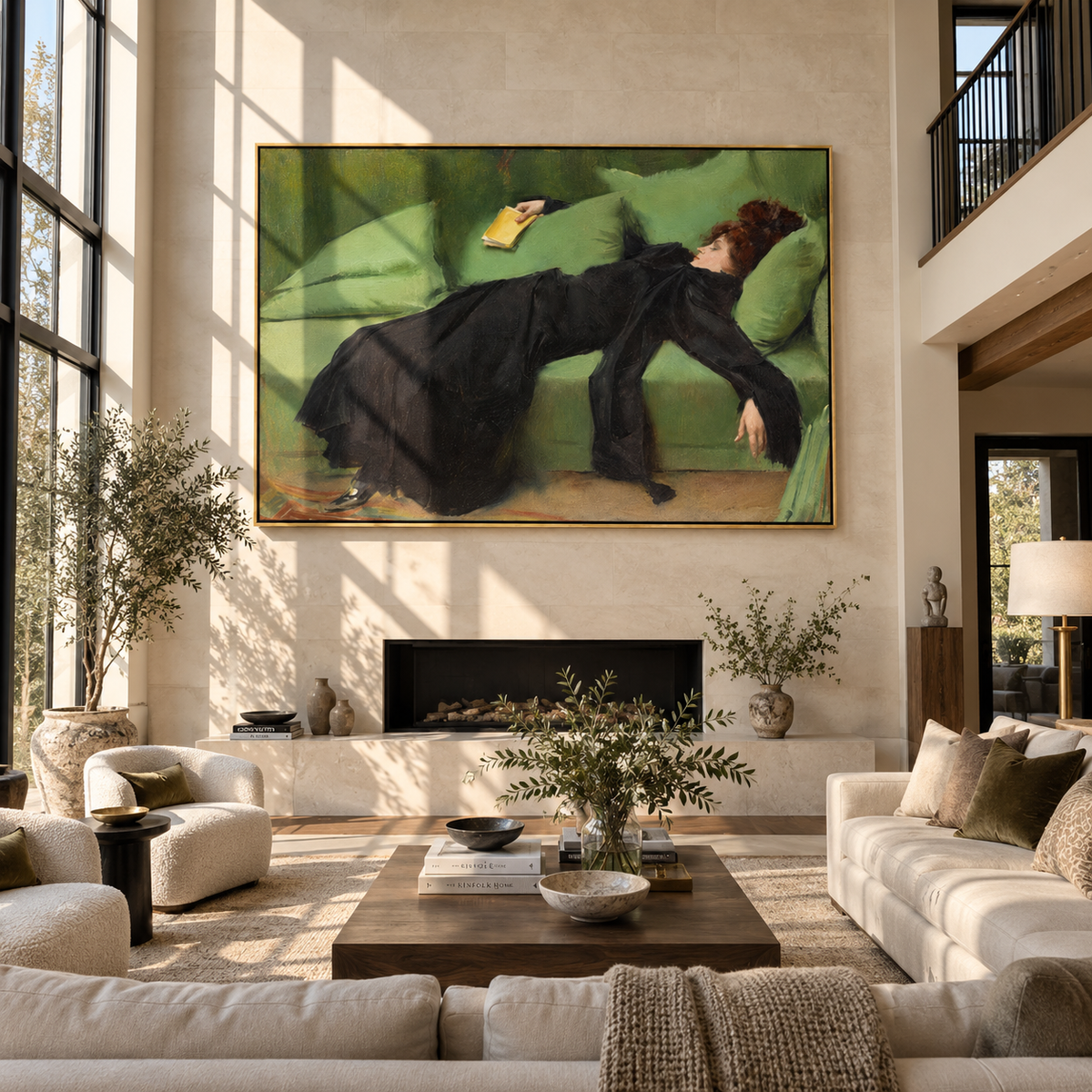 Green Sofa Holds Midnight – black gown woman on green sofa, Retro Modern horizontal wall art - displayed over a home office credenza
