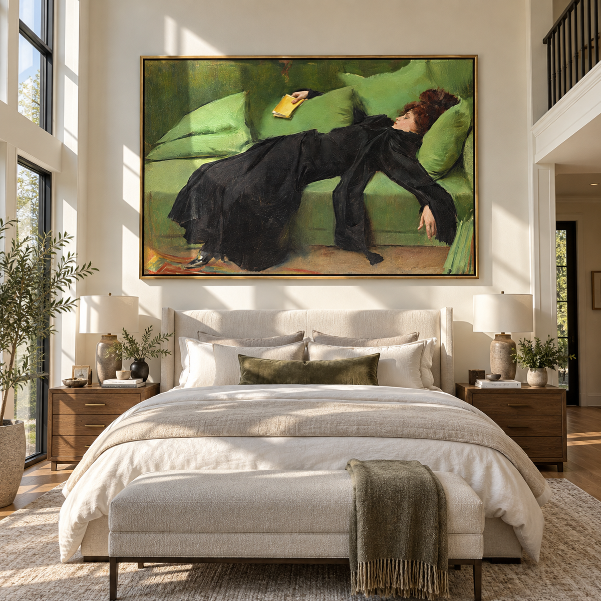 Green Sofa Holds Midnight – black gown woman on green sofa, Retro Modern horizontal wall art - displayed in an open-plan lounge