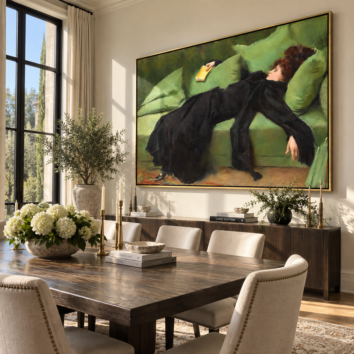 Green Sofa Holds Midnight – black gown woman on green sofa, Retro Modern horizontal wall art - displayed above a long oak cabinet