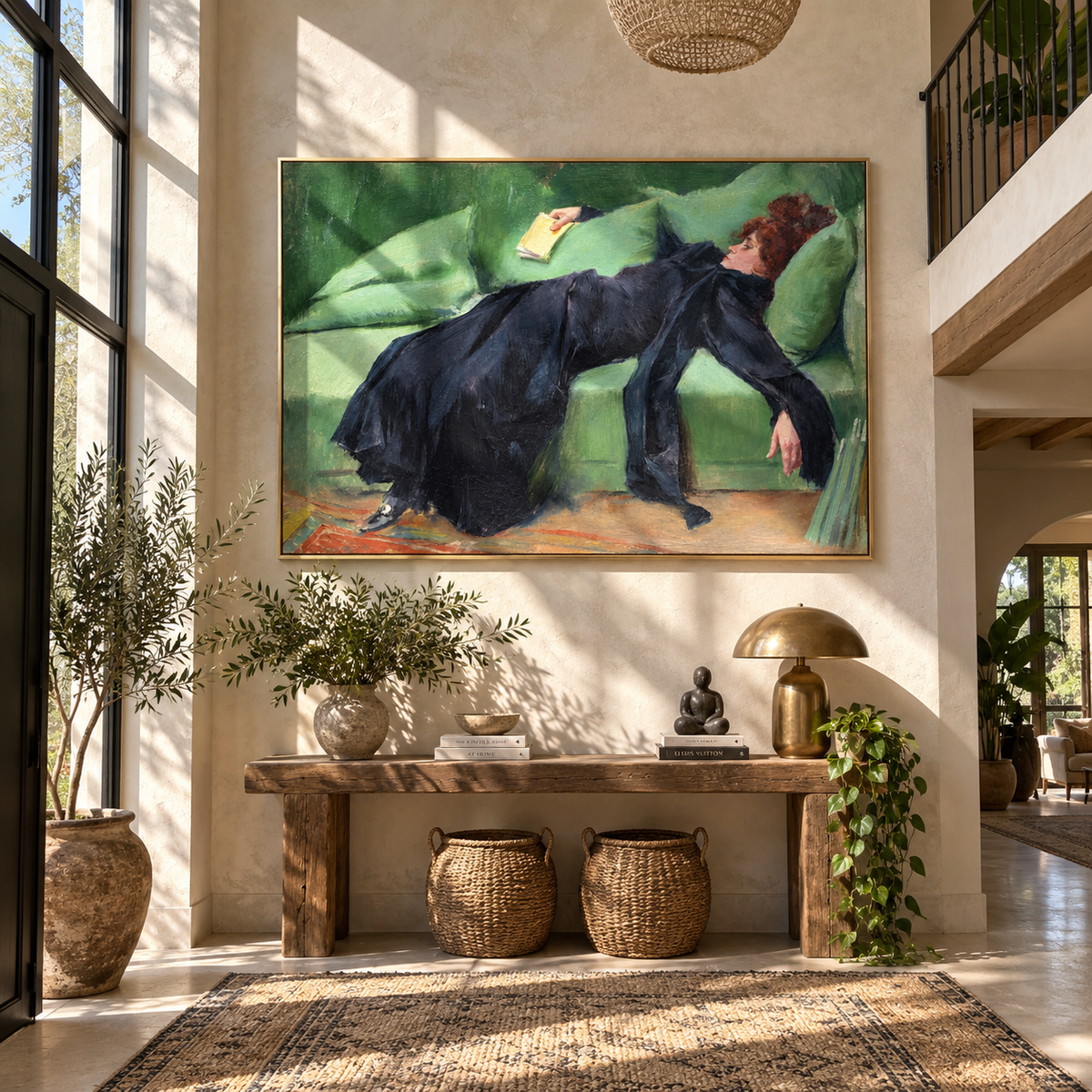 Blue Velvet Catches Sleep – navy gown woman on green sofa, Retro Modern horizontal wall art - displayed above a living room sofa