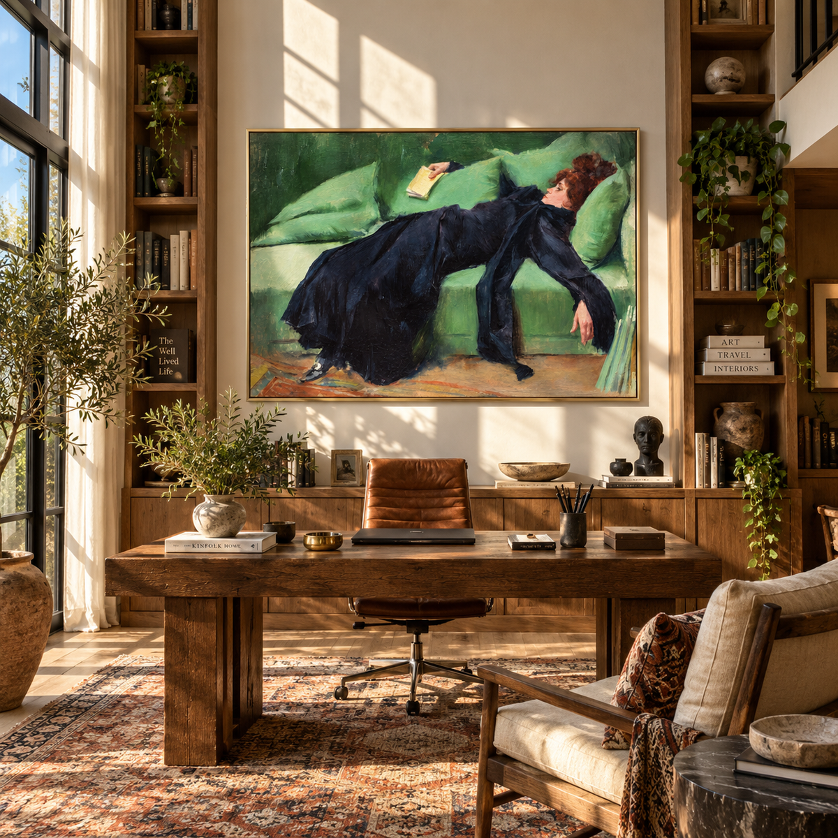 Blue Velvet Catches Sleep – navy gown woman on green sofa, Retro Modern horizontal wall art - displayed beside a dining sideboard
