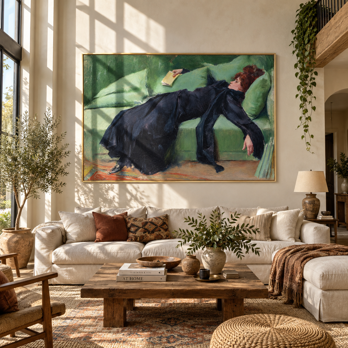 Blue Velvet Catches Sleep – navy gown woman on green sofa, Retro Modern horizontal wall art - displayed in an open-plan lounge