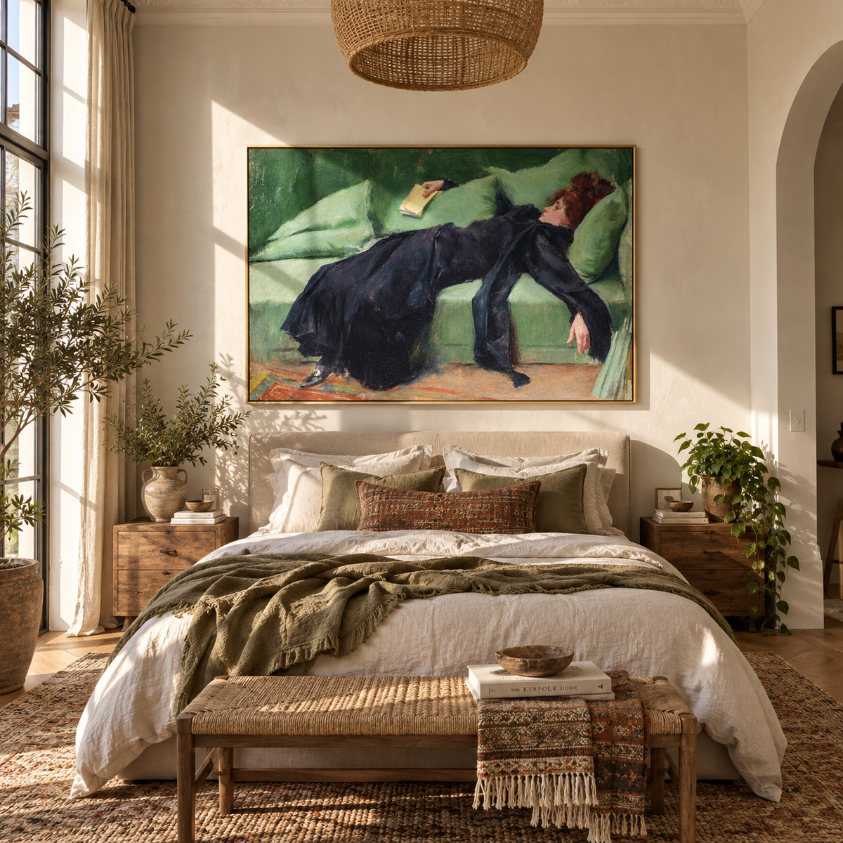 Blue Velvet Catches Sleep – navy gown woman on green sofa, Retro Modern horizontal wall art - displayed above a long oak cabinet